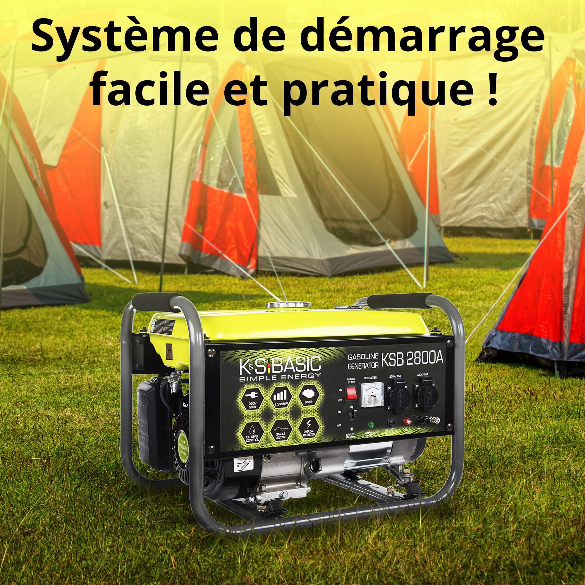 Groupe électrogène à essence KSB 2800A, puissance maximale 2800W, démarrage manuel, régulateur de tension automatique (AVR), voltmètre, 2x16A (230V), sortie 12V, alternateur en aluminium.