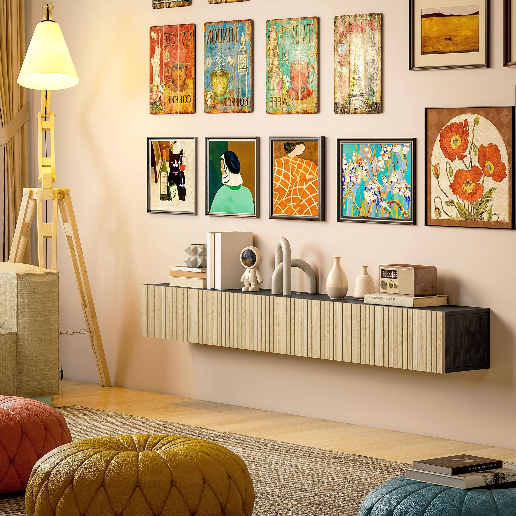 HOMCOM Meuble TV Suspendu Flottant 140 cm, Meuble télé pour téléviseur jusqu'à 72 Pouces avec 2 Portes cannelées rabattables, Banc TV Mural pour Salon, Chambre à Coucher, Bois Naturel et Noir