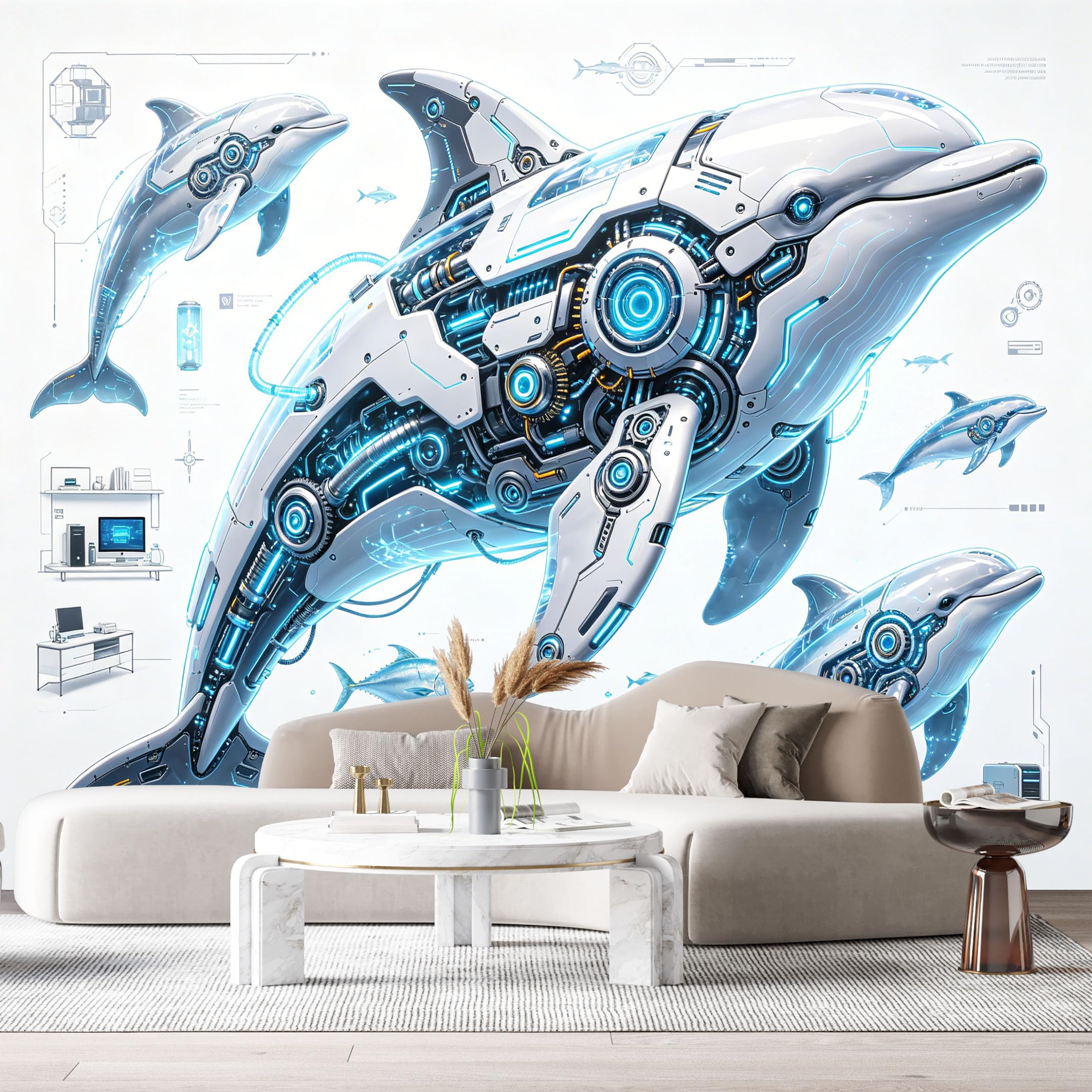 Custom Size Wall Murals Futuristic Cybernetic Dolphin Mechanical Marine Abstract Modern 3D SelfAdhesive Wall Fabric Removable Large Wallpaper for Photo Living Room