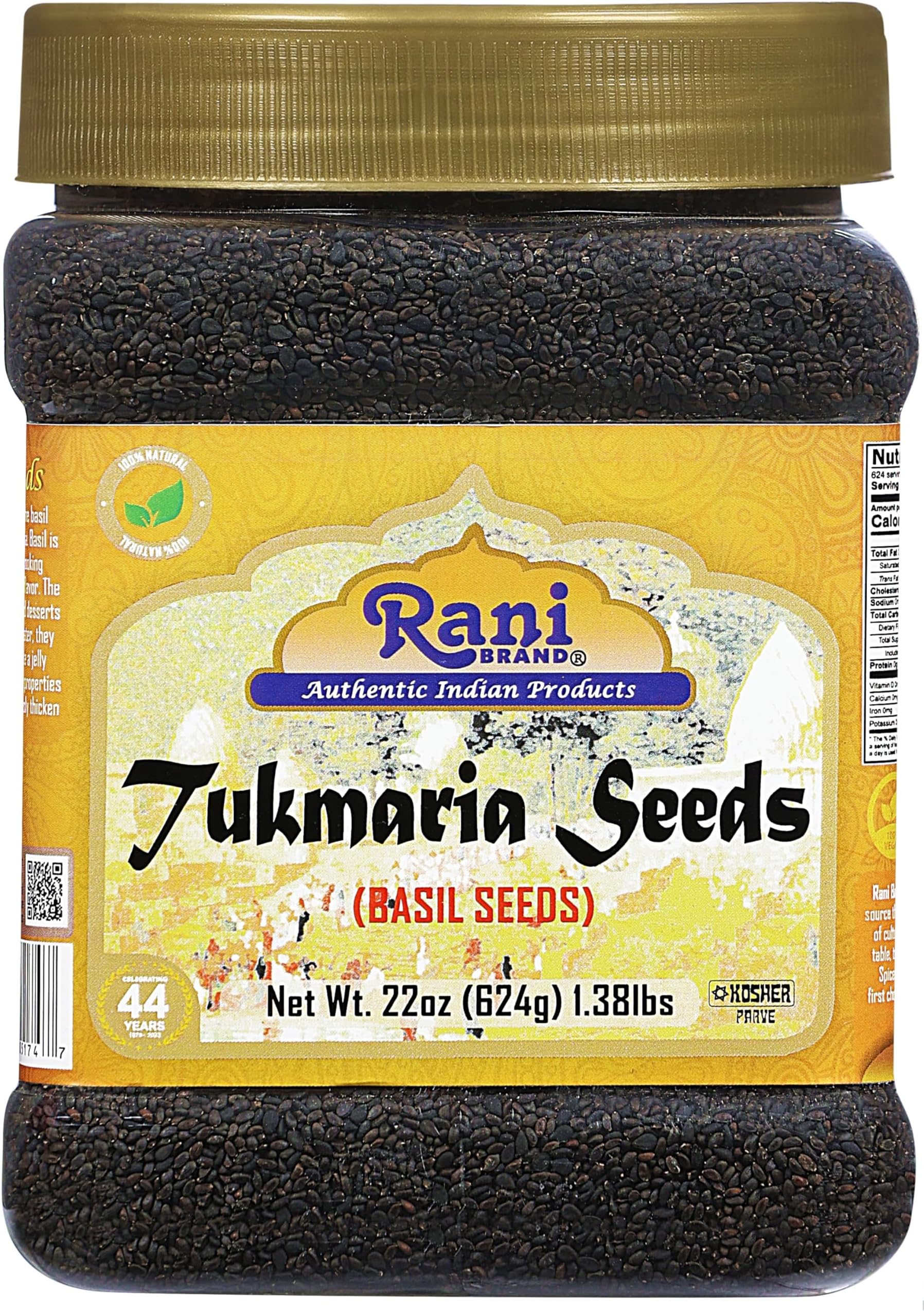 Rani Tukmaria (Natural Holy Basil Seeds) 1.38lbs (22oz) 624g Used for Falooda / Sabja Dessert, Spice & Ayurveda Herbal ~ Gluten Friendly | Non-GMO | Kosher | Vegan | Indian Origin