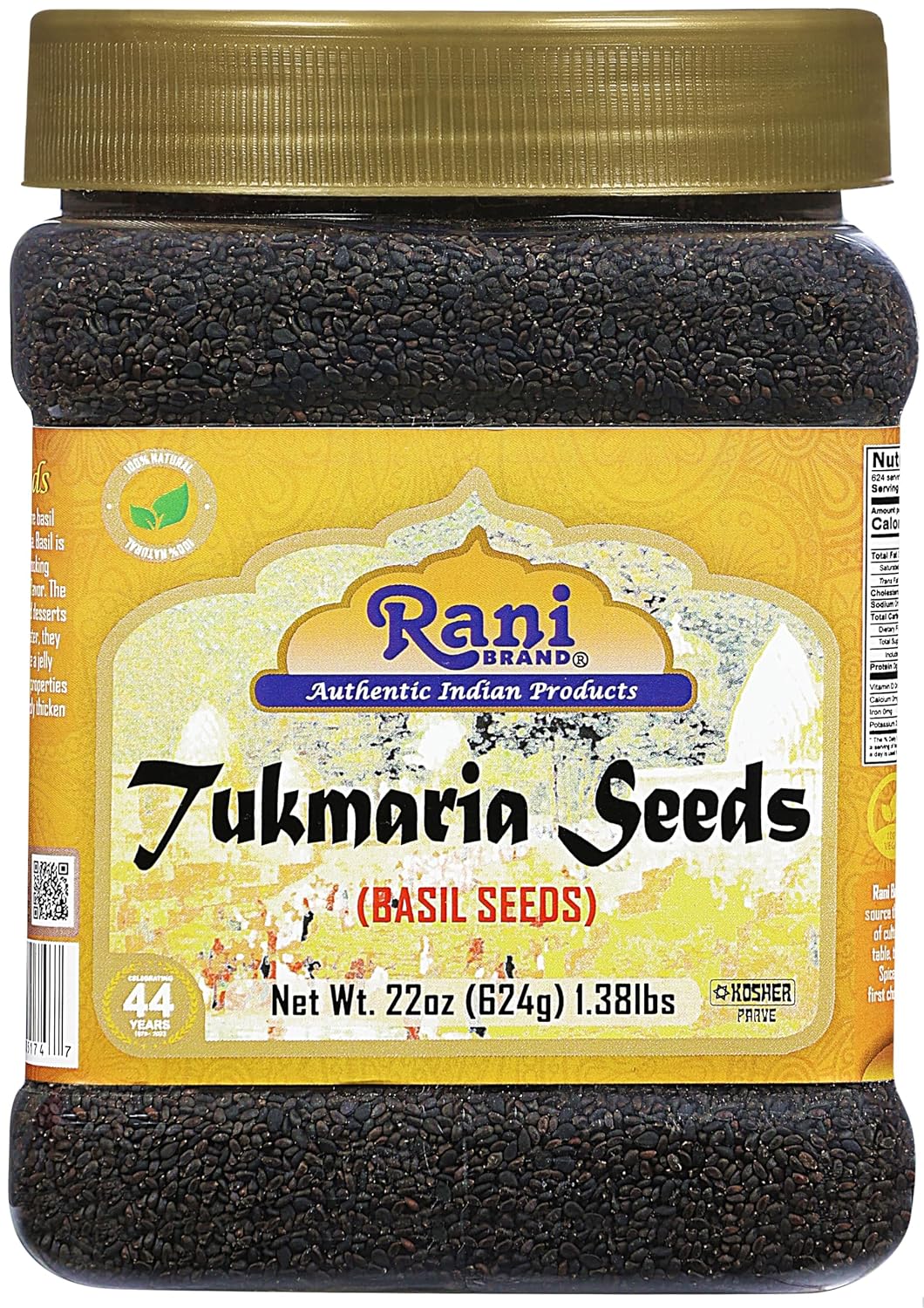 Rani Tukmaria (Natural Holy Basil Seeds) 624 g Jar — Gluten-Friendly Basil Seeds for Falooda, Sabja Desserts, and Ayurveda