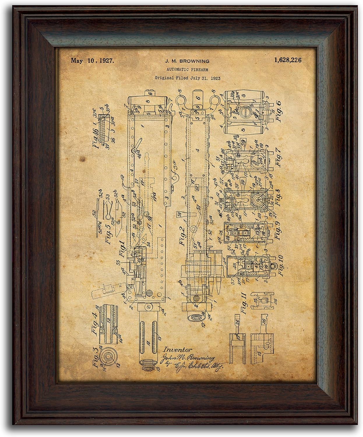 Personal-Prints | Firearm Vintage Style US Patent Prints Wall Art | Framed Behind Acrylic Gun Décor Featuring AR-15, M16, 1911, Browning Shotgun, Bolt Gun, and More (Browning Auto)