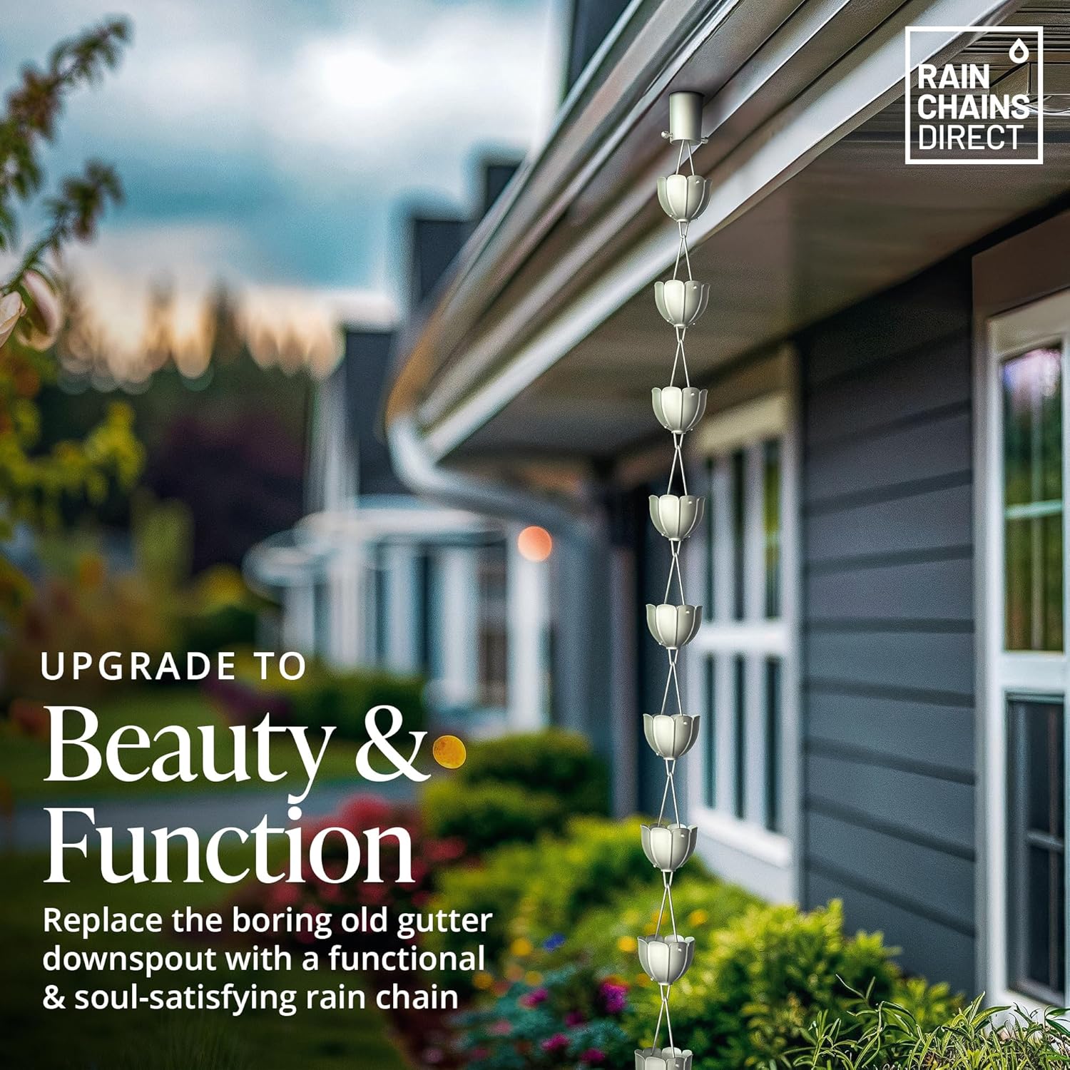 Rain Chains Direct Orchid Rain Chain, 8.5 Feet Length, Aluminum, Gray, Functional and Decorative Replacement for Gutter Downspouts