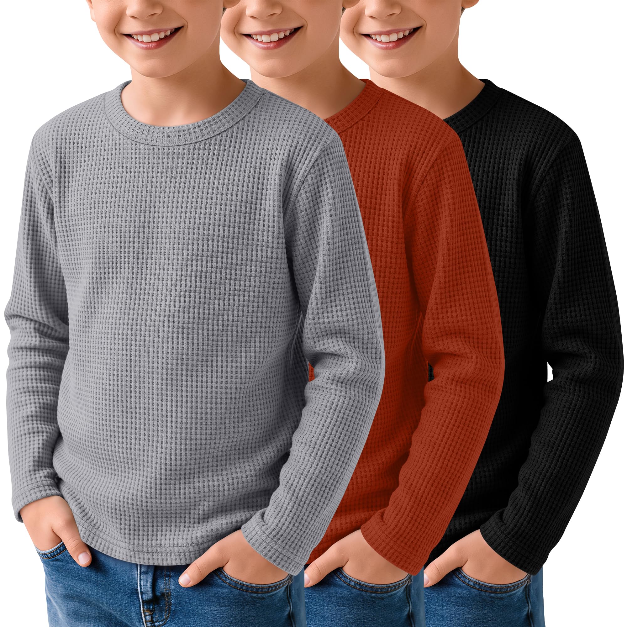 3 Pack Boys Waffle Shirts Kid Long Sleeve Warm Tops