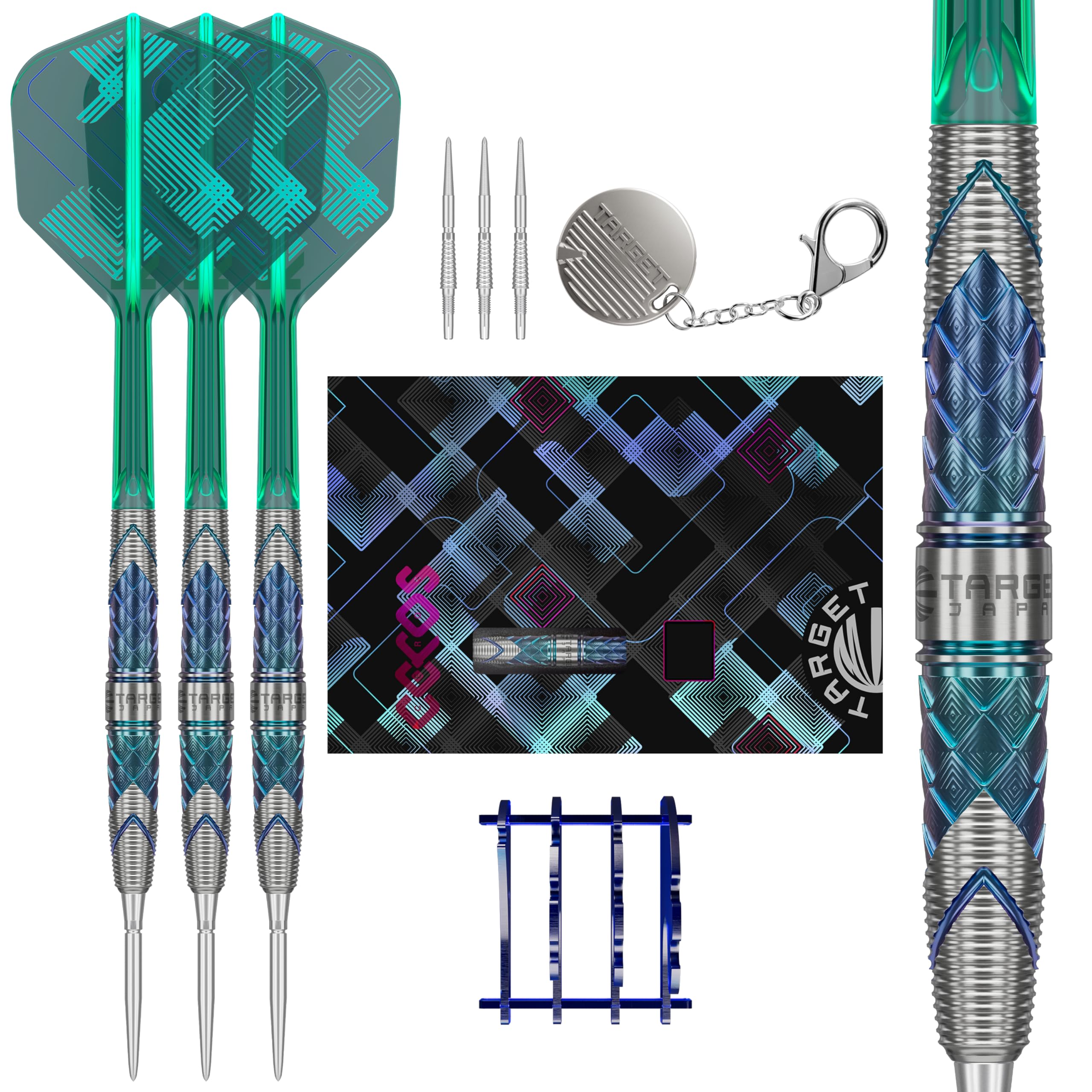 Target Japan Kaze Series Ceros 02 Steel Tip Darts with Kflex, 23G | 90% Tungsten Barrel Dart Set, K-Flex Flights and Shafts, Storm Swiss Points, LNC Point, Stand & Storage Tin Box