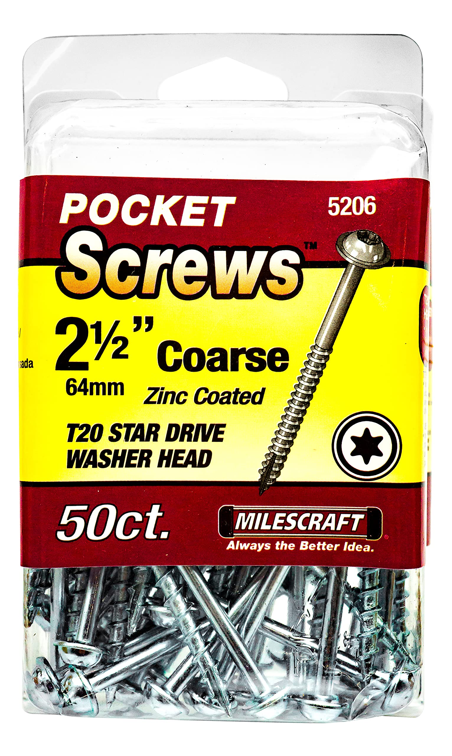Milescraft5206 Wood Pocket Hole Screws - #7 x 2-1/2" Washer Head with Coarse Thread (50c.), Torx Drive Self-Tapping, For Indoor Use