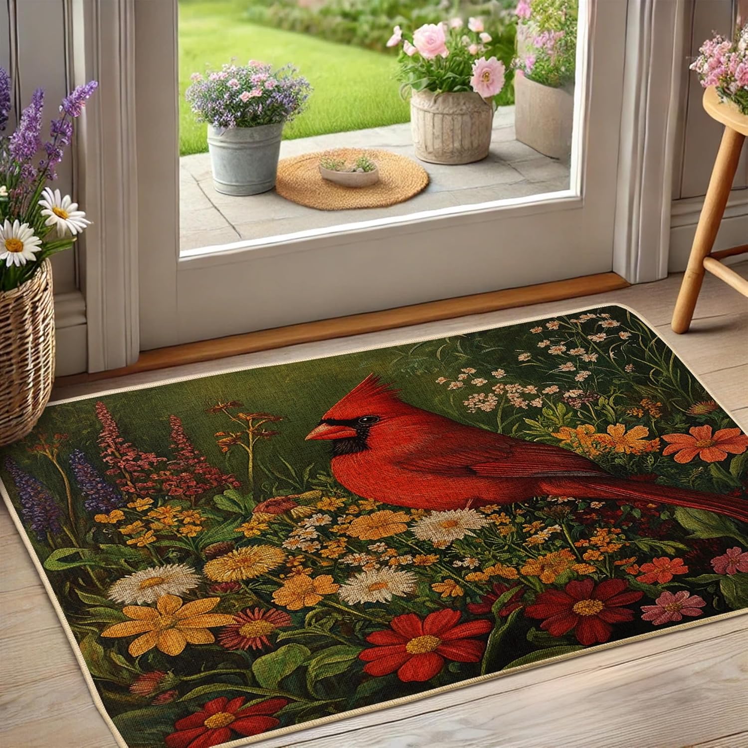 Cardinal Flower Doormat, Red Bird Door Mat for Indoor & Outdoor Entrance Seasonal Decor, Rubber Waterproof Non-Slip Dust Absorbent Front Mat, Easy Clean 29x17 Inch
