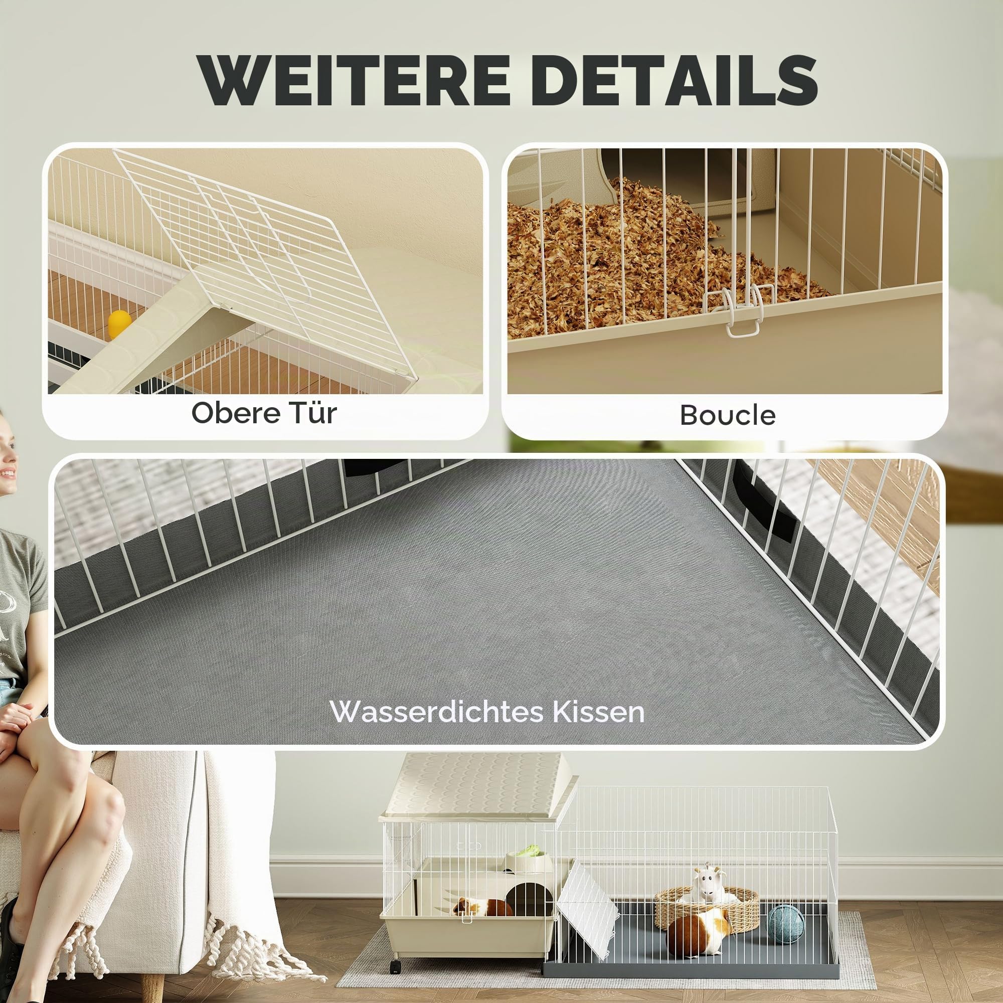 PawHut Meerschweinchenkäfig, Kleintierkäfig mit herausnehmbarem Laufstall wasserfeste Matte, Balkon, Futternapf, Rampe mit weicher Abdeckung, 4 Räder, für Meerschweinchen, Igel beige