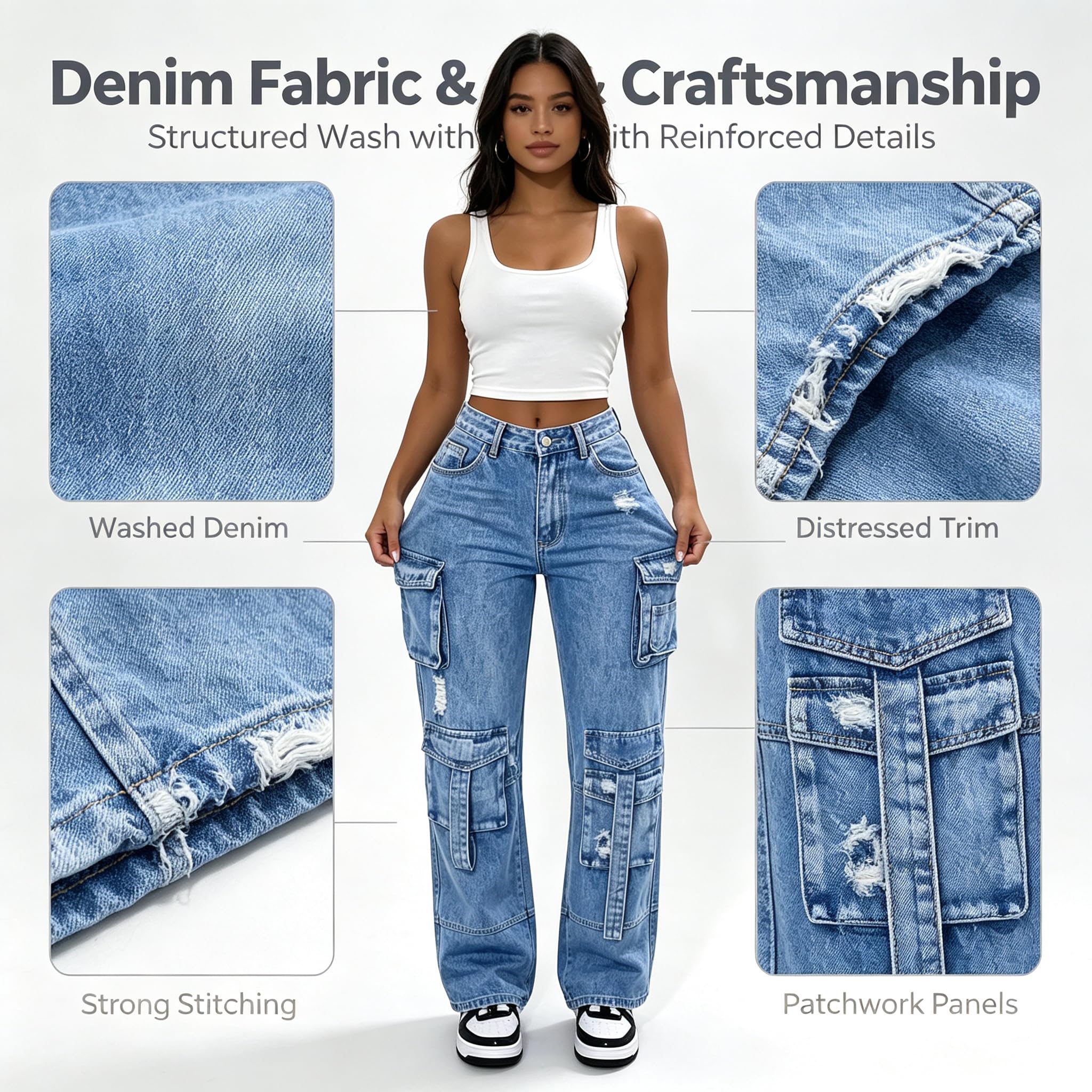 Jeans Donna Y2K Cargo con Tasche Denim Strappato Mid-Rise