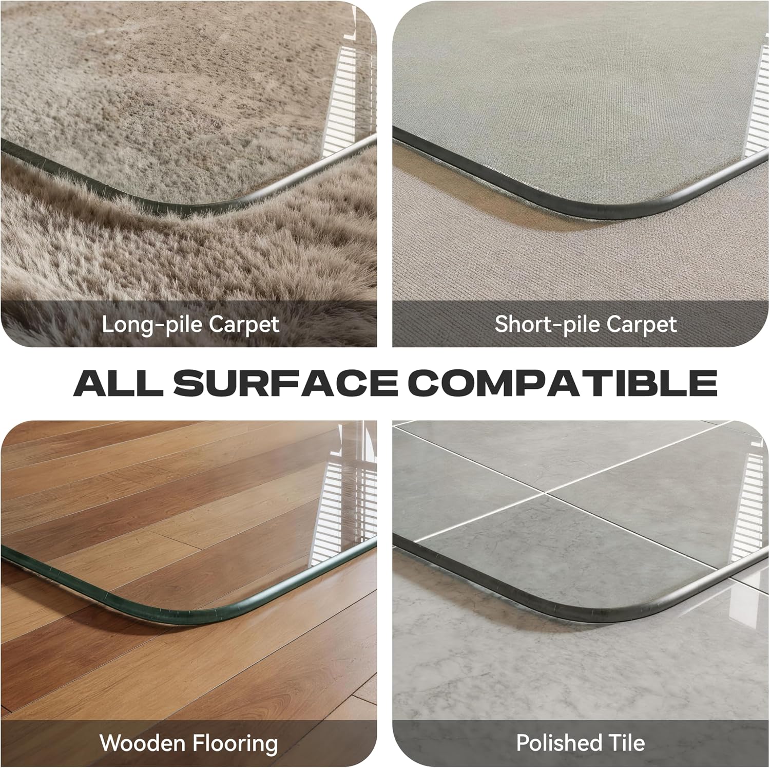 Tempered Glass Chair Mat, 60" x 48" Heavy Duty Chair Mat Round Corner with Polished Edge, Clear Office Chair Mat for Office Home Hard Floor Carpeted, Transparent, Glides Smoothly, Easy Clean