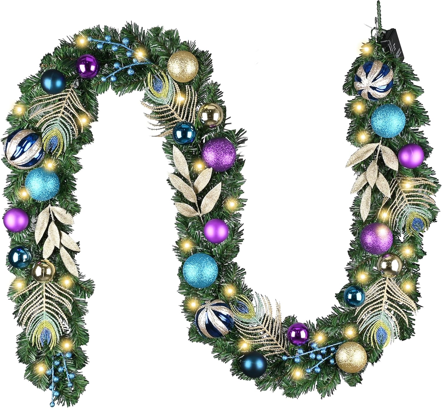 Valery Madelyn 6 Feet Pre-Lit Christmas Garland with Lights for Mantle, Lighted Outdoor Xmas Garland with Peacock Feather & Balls for Home Stairs Fireplace Table Centerpiece Indoor Holiday Party Decor