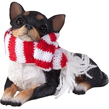 Sandicast Lying Tri Chihuahua with Red and White Scarf Christmas Ornament