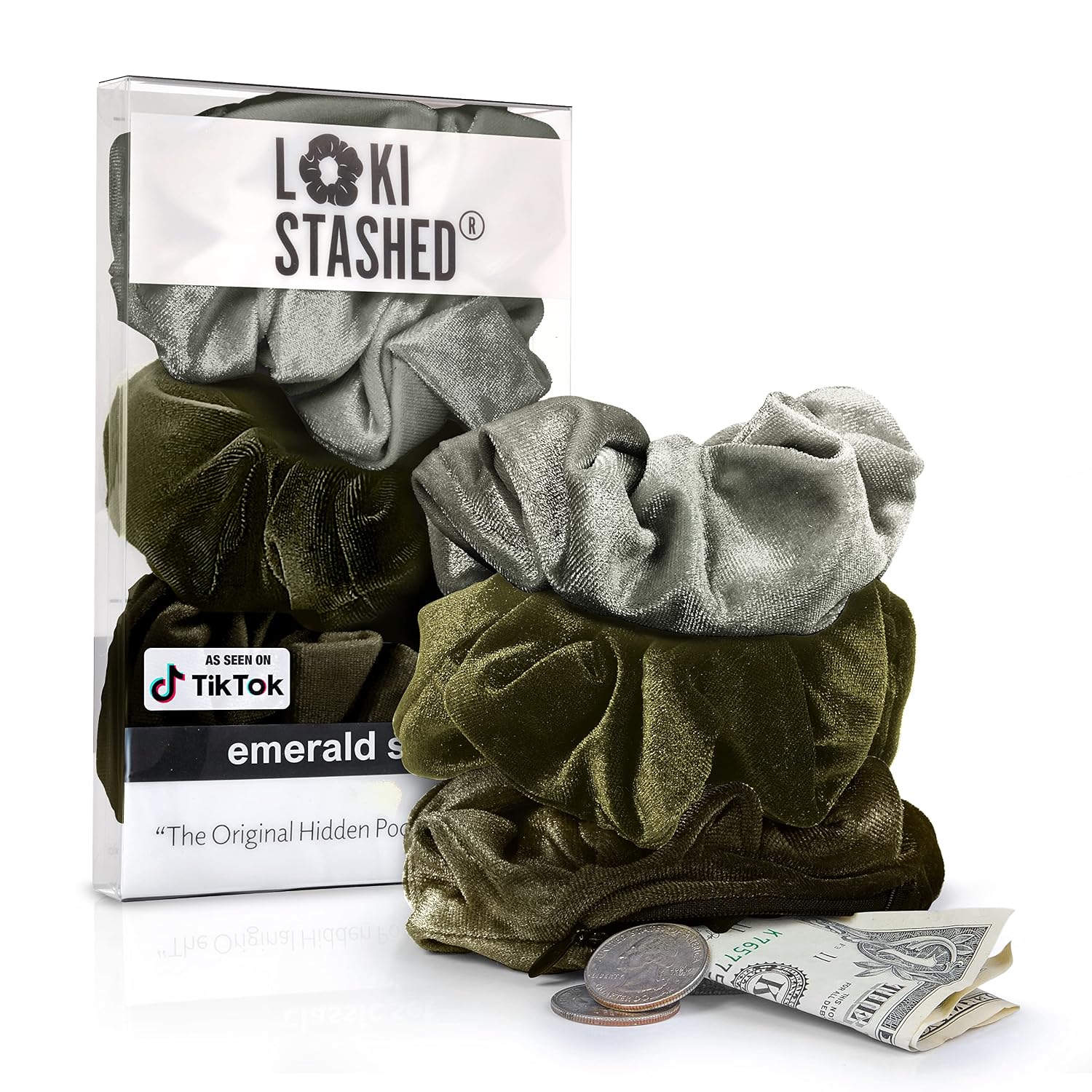 3-PACK Velvet Hair Tie Scrunchies for VSCO Girls & Women, THE ORIGINAL HIDDEN POCKET SCRUNCHIE with Zipper Pocket Storage, Accessories, Small Items, Keys, Money - Emerald Set