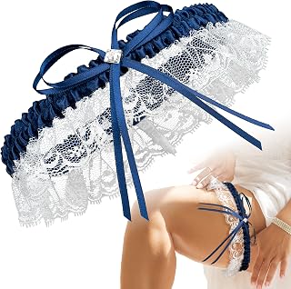 L-XXXL Premium Braut Strumpfband in Blau für Hochzeit, Band verziert mit Spitze, Schleife und einem edlen filigranen Glitzer-Stein, 100% Handgefertigt