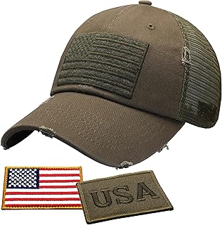 Antourage American Flag Unconstructed Hat for Men and Women Twill Mesh Snapback Baseball USA Flag Cap + 2 Patriotic Patches ((02) Olive Distressed Mesh Snapback)