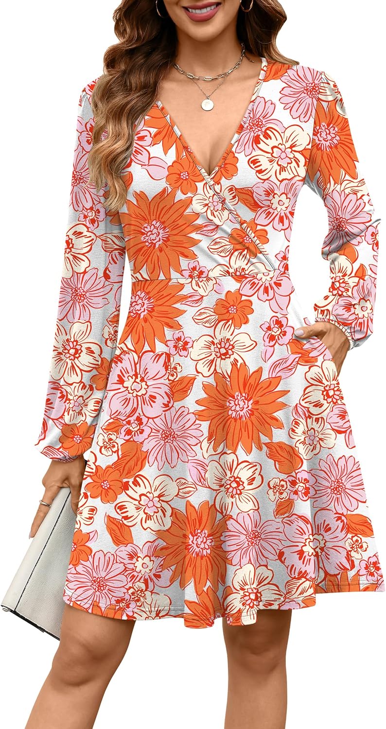ANRABESS Womens Long Sleeve Wrap Dress Floral Flowy A-Line Casual Work Spring Vacation Short Dresses