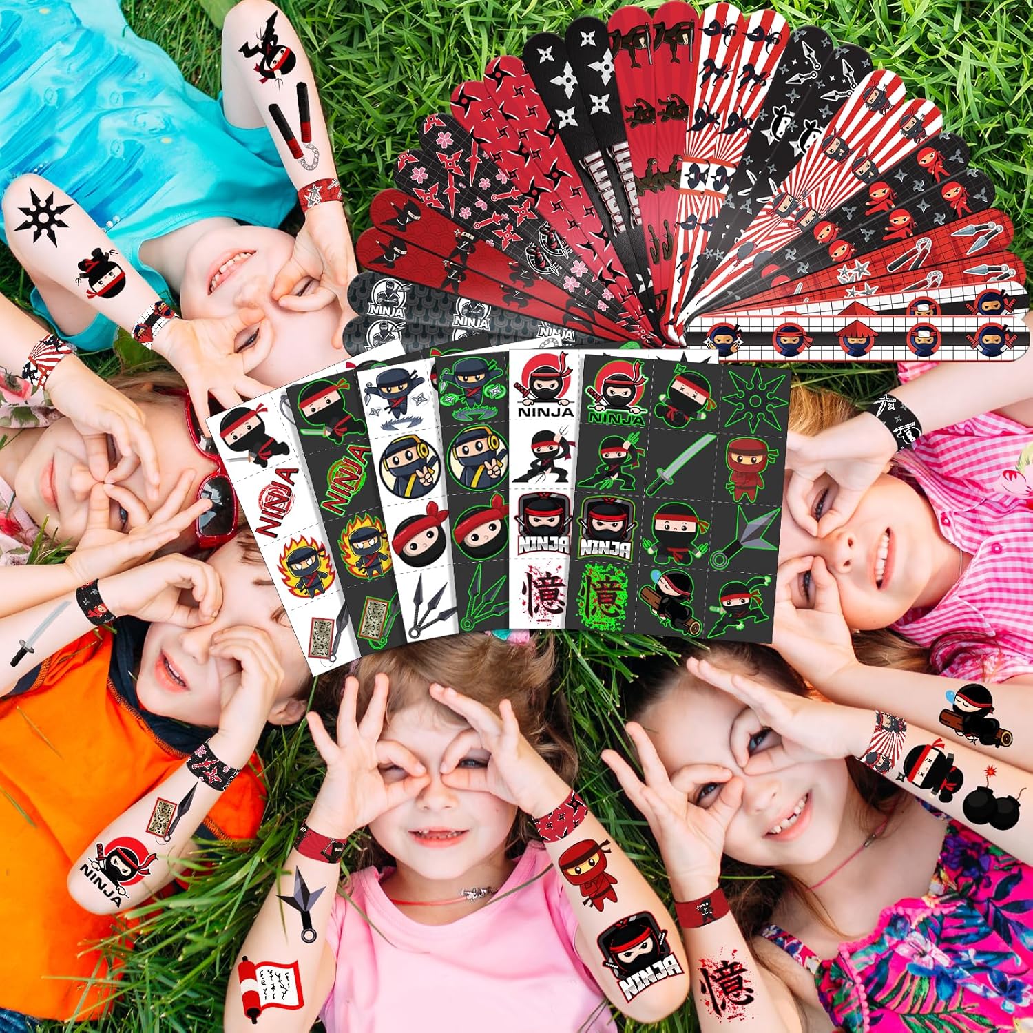96 PCS Ninja Party Favors Set – 72 Pre-Cut Temporary Tattoos & 24 Slap Bracelets for Kids, Cool Red & Black Ninja Birthday Party Supplies and Goodie Bag Fillers - Image 6