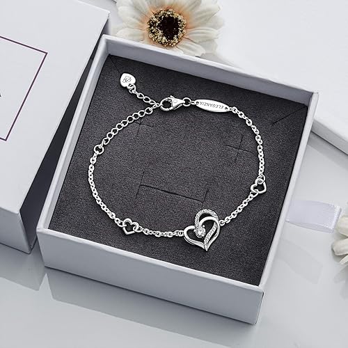 Miniatura 6 de ELEGANZIA Pulsera de corazón de plata esterlina para mujer, circonita cúbica, dije de amor, eternidad, joyería, aniversario, cumpleaños, San