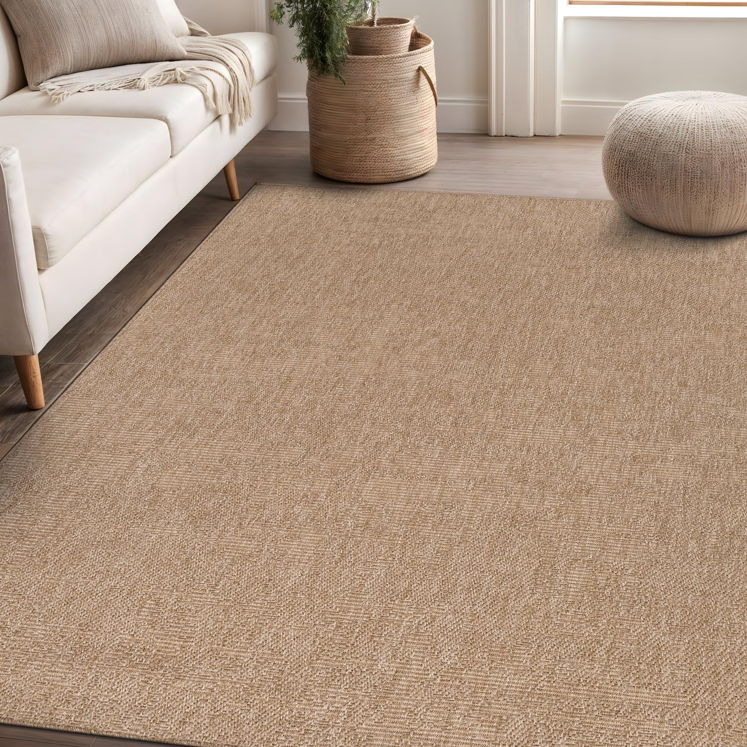 Beverly Rug Easy Jute Natural Rug 5x7 Solid Washable Durable Outdoor Indoor Area Rugs for Living Dining Room Patio Office Stain Resistant Non Shedding Casual Indoor Outside Carpet 5 x 7 Natural