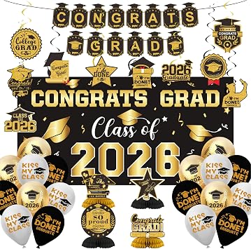 2026 Graduation Decorations Set- Class of 2026 Grad Party Decorations, Congrats Grad Banner, Backdrop, Grad Hanging Swirl, Balloons and Honeycomb Table Toppers, Graduation Party Supplies