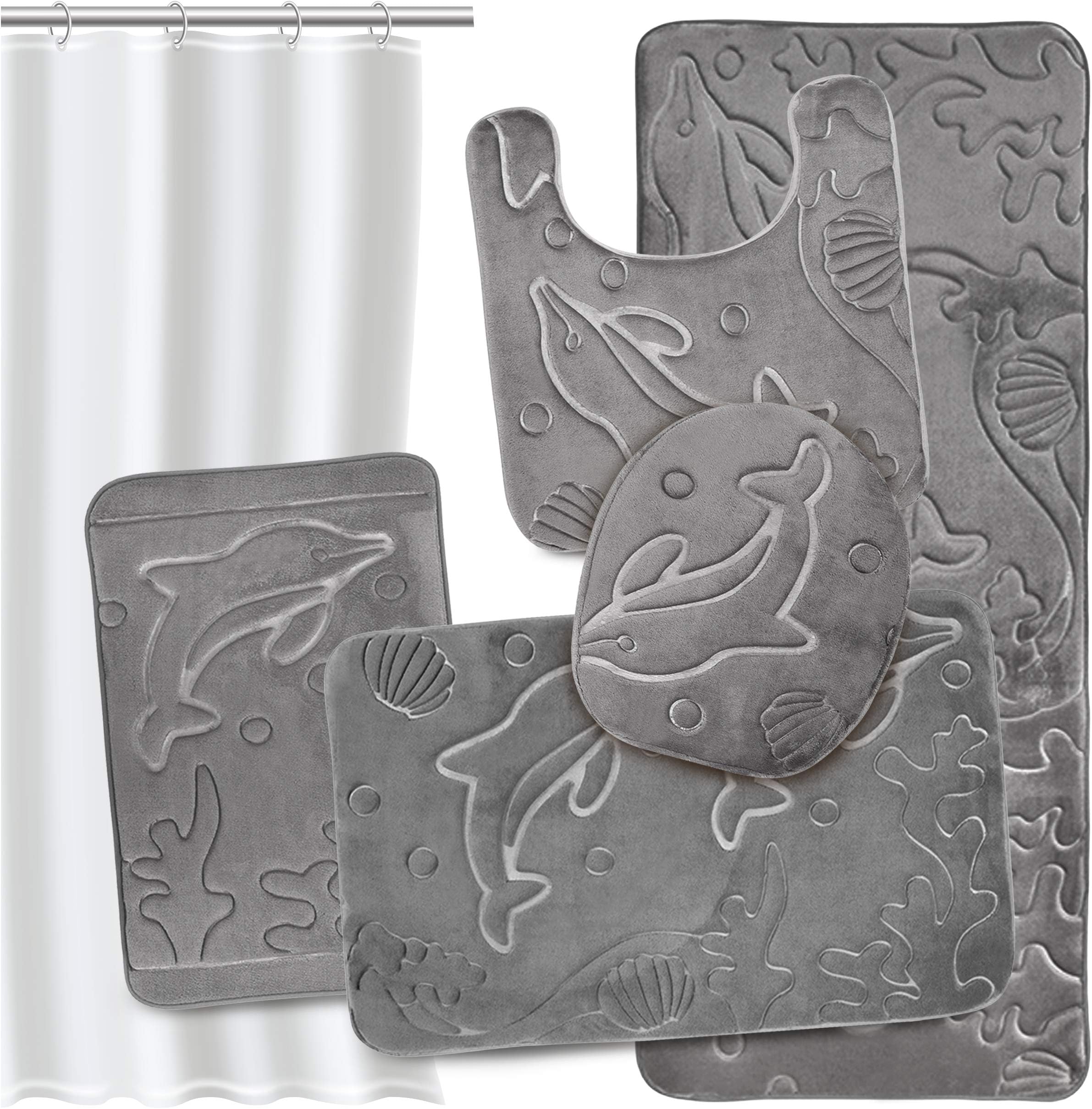 Bathroom Rug Set 5 Piece Memory Foam Mats + Eva Shower Liner, Extra Soft Anti-Slip Large Bath Rugs – Happy Feet, Happy Life, Grey