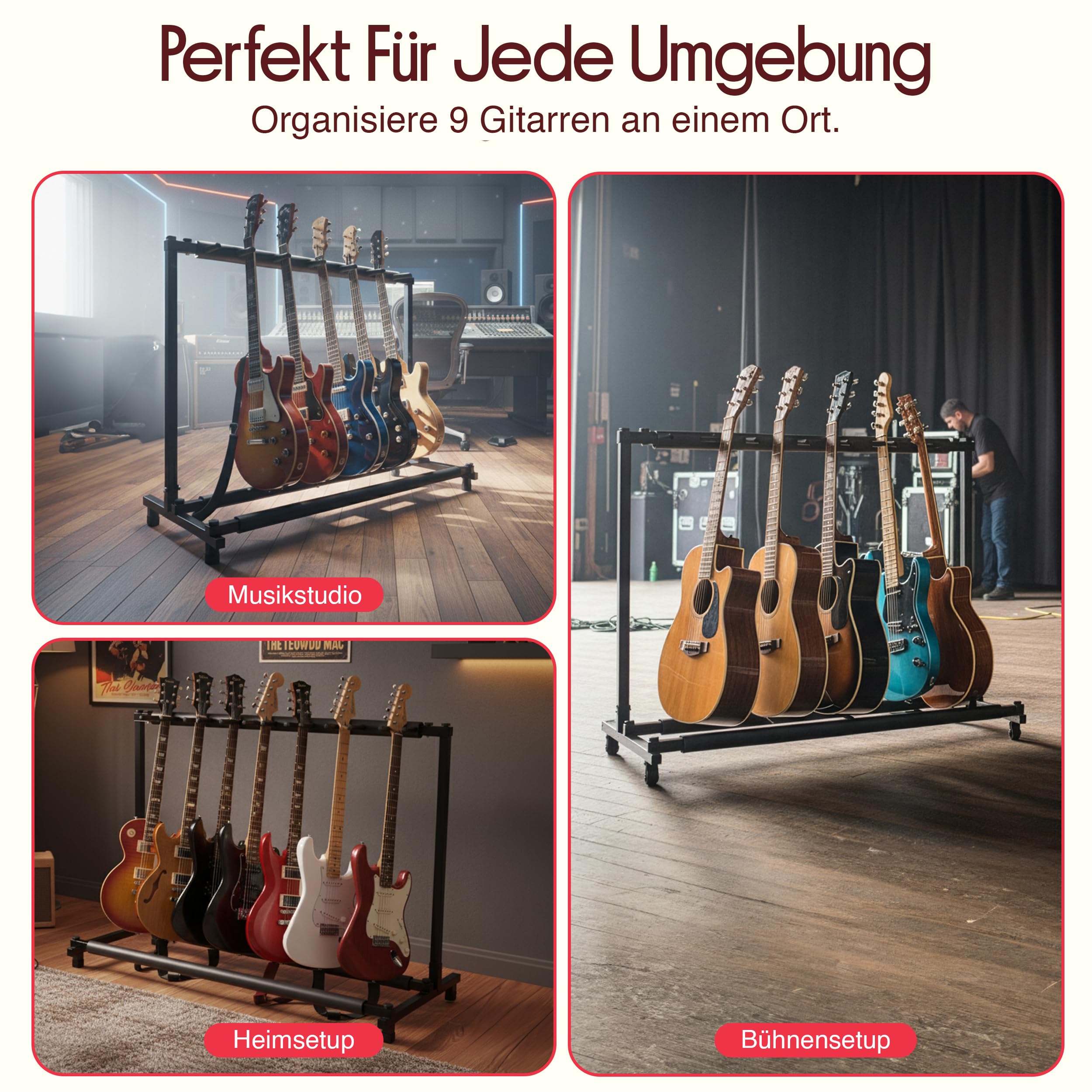 Pyle Gitarrenständer für 9 Gitarren, faltbar, Schwarz, für E-Gitarre, Akustikgitarre & Bass mit Polsterung
