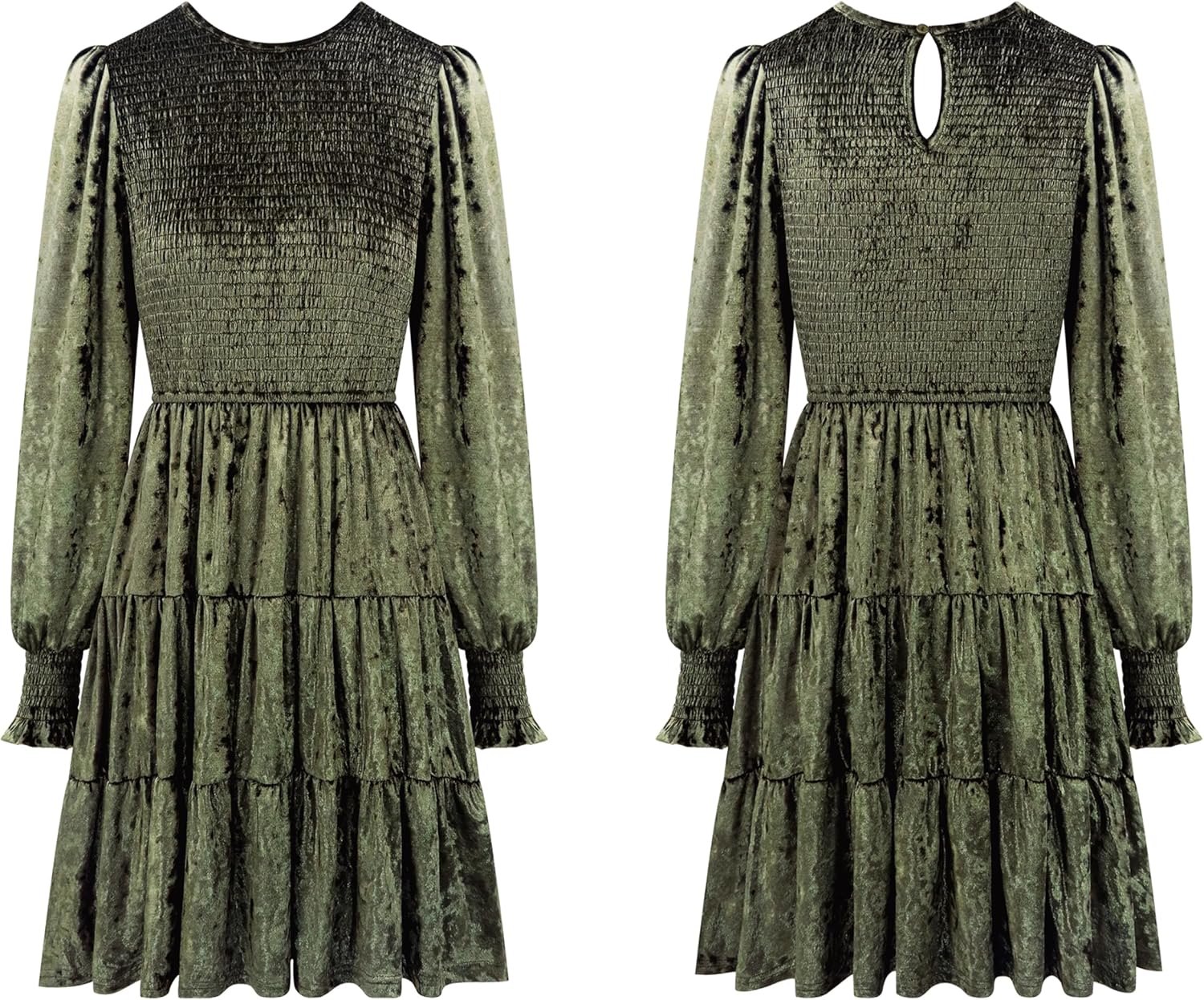 R.Vivimos Women's Fall Winter Crushed Velvet Dress Long Sleeve Crew Neck Elastic Smocked A-Line Tiered Ruffle Mini Dress - Image 6