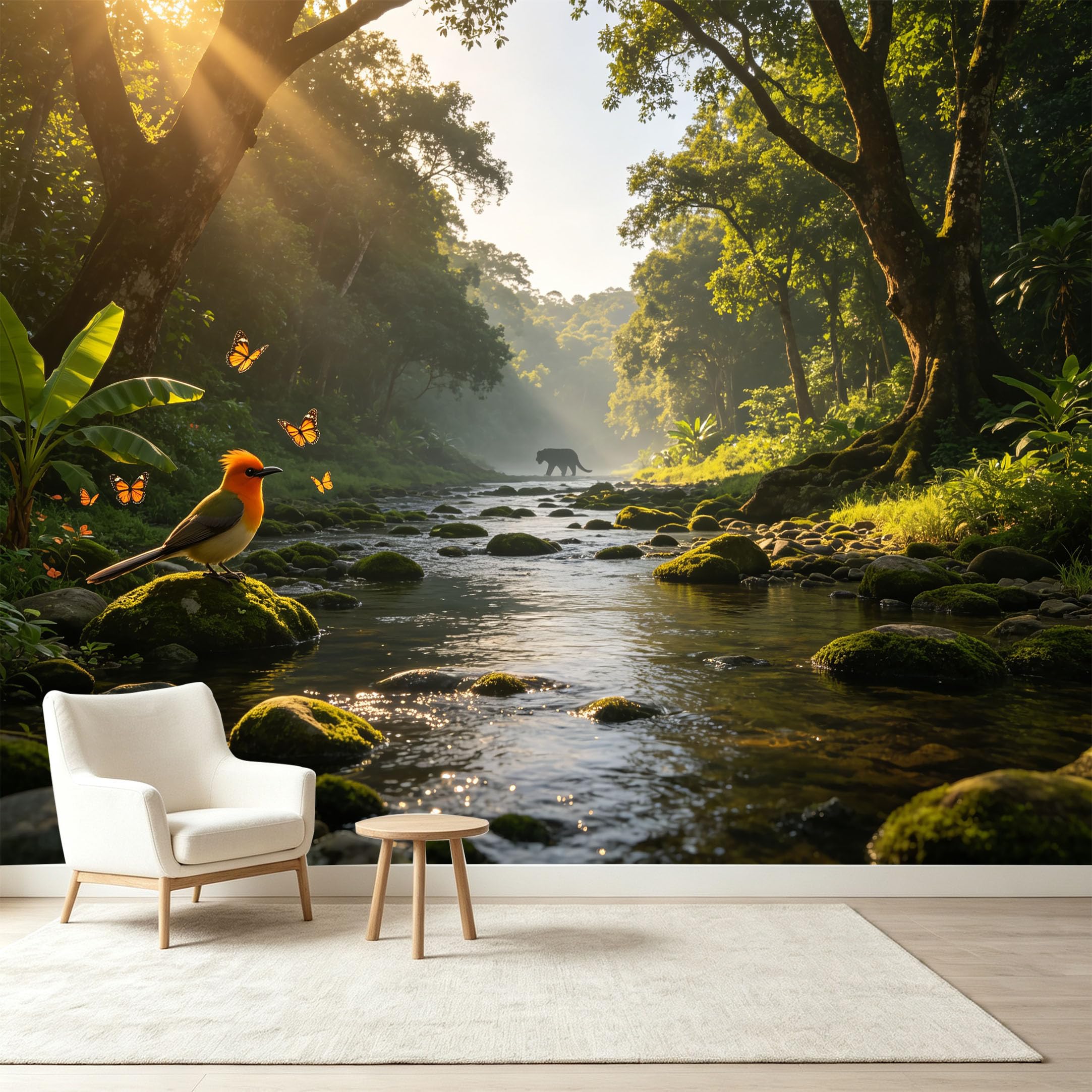 Custom Size Wall Murals Tropical Jungle Rainforest Wildlife River Stream Sunbeams Butterflies Bird Self-Adhesive Wall Fabric Removable Wallpaper Wall Decor for Living Room Bedroom Bathroom