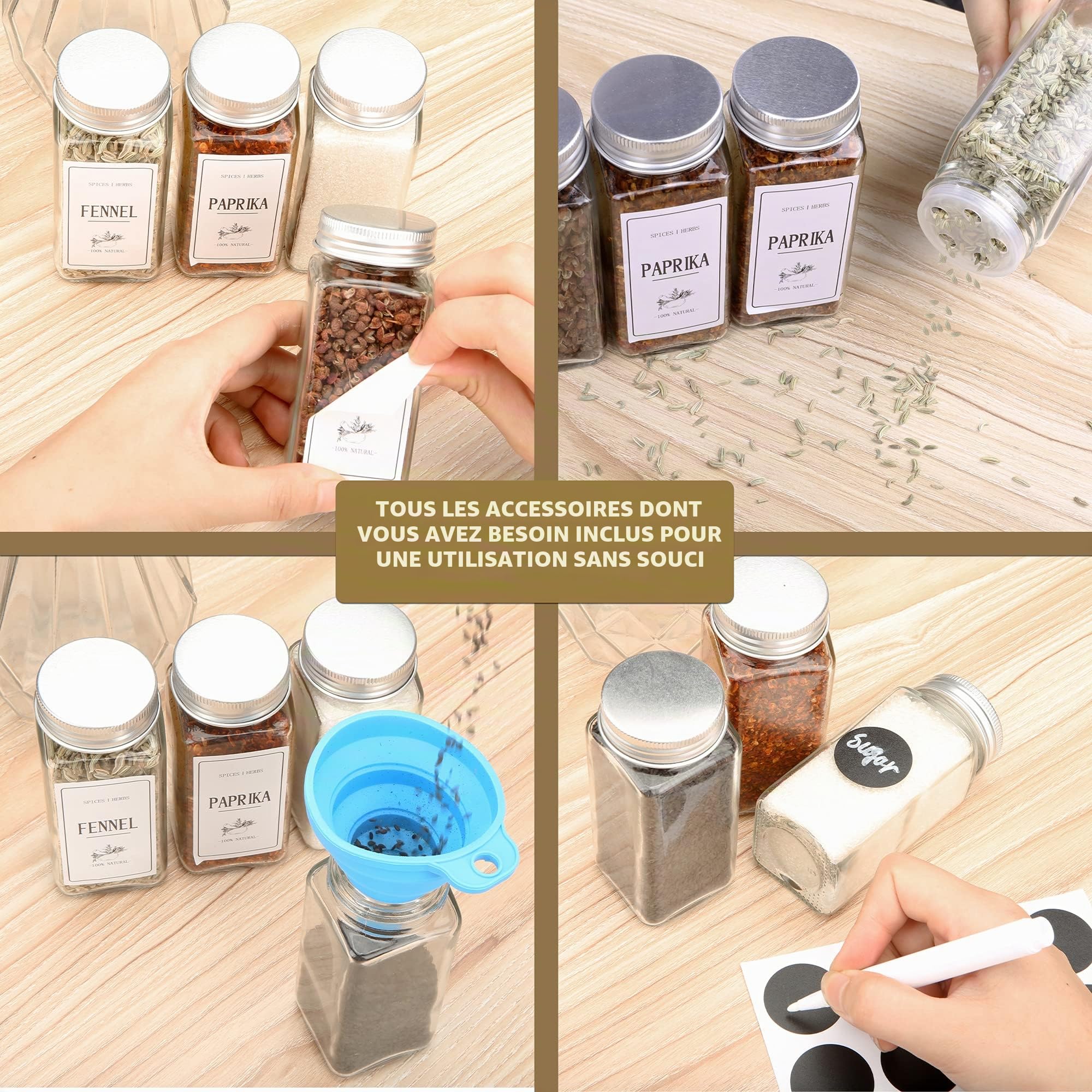 Lot de 25 pots à épices carrés en verre avec 150 étiquettes, couvercles shaker, 120 ml avec stylo à étiquette, brosse à tuyau