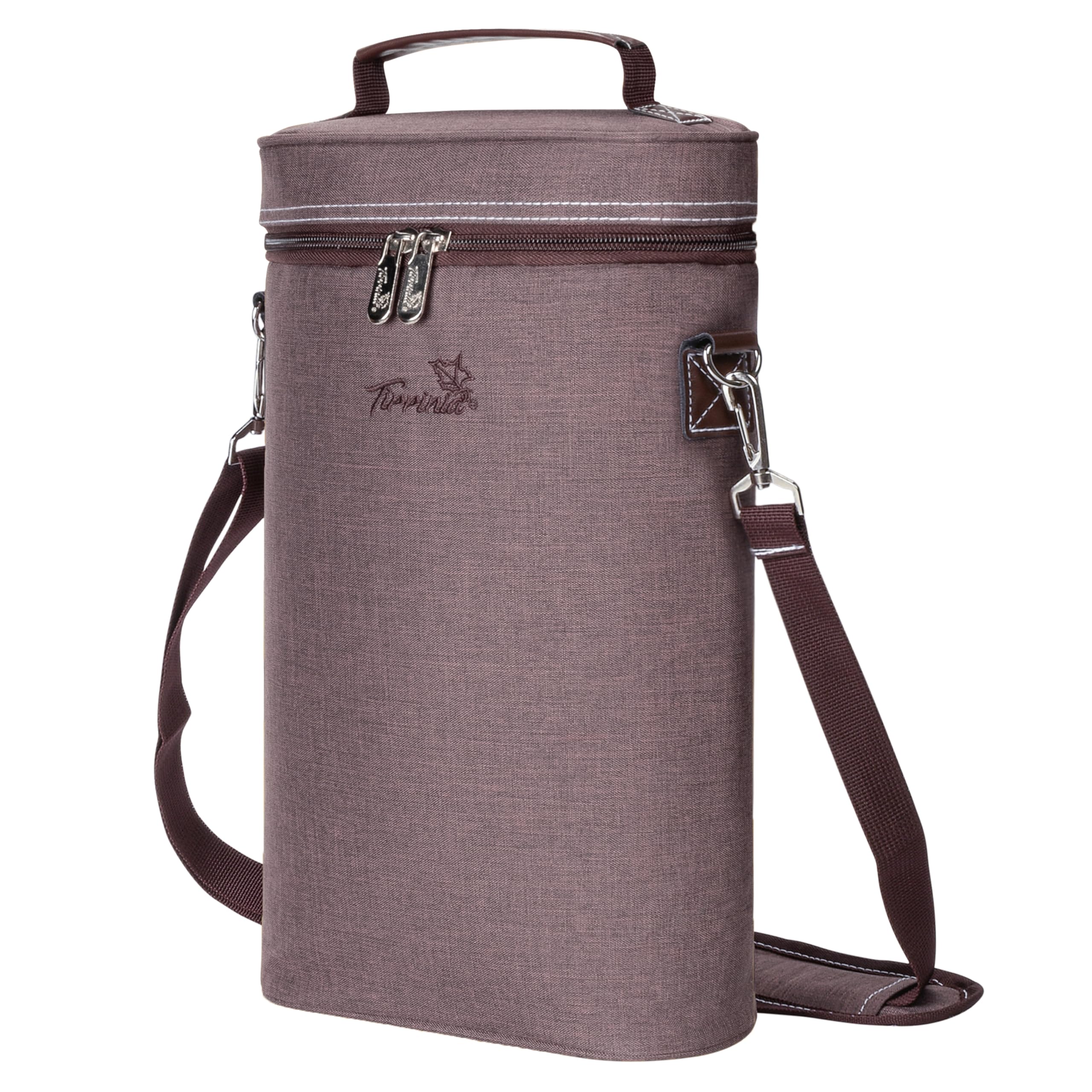 Kato Tirrinia Insulated Wine Cooler Bag Leakproof Padded Portable Wine Carrier with Shoulder Strap 2 Bottle Wine Bag for Camping Travel Beach Picnic Wine Lovers Gift Brown — image 1