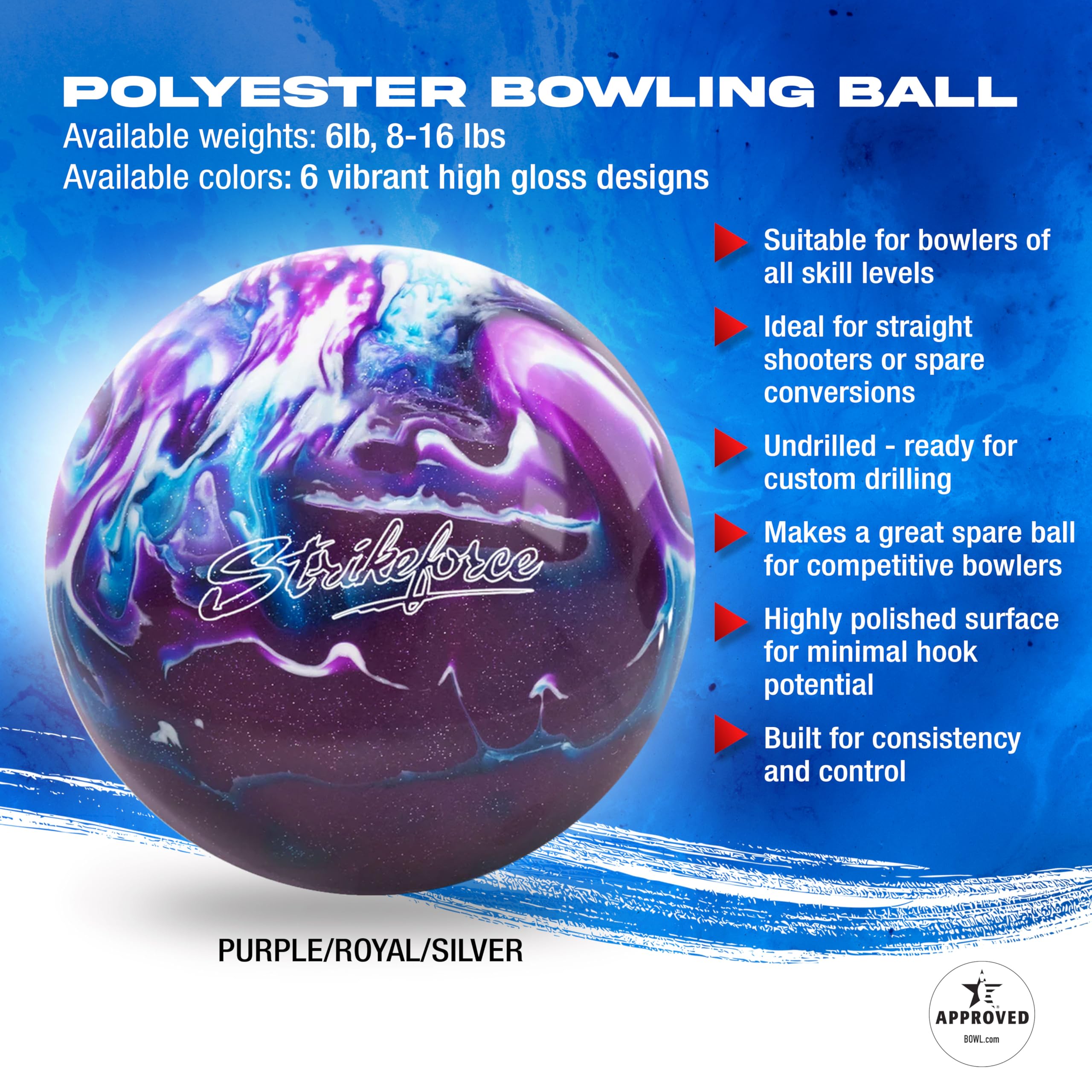 KR Strikeforce Bowlingball aus Polyester, ungebohrt, erhältlich in 2,7 kg, 3,6–7,3 kg, geeignet für Anfänger bis Profi, USBC-geprüft