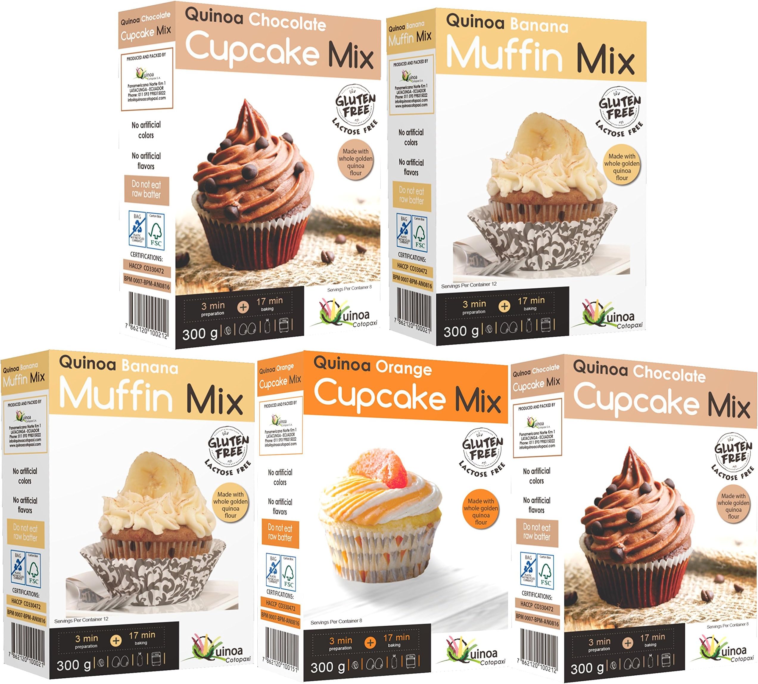 QUINOA BANANA BREAD OR MUFFIN MIX (2 units), QUINOA CHOCOLATE CUPCAKE MIX (2 units), QUINOA ORANGE CUPCAKE MIX (1 Unit)