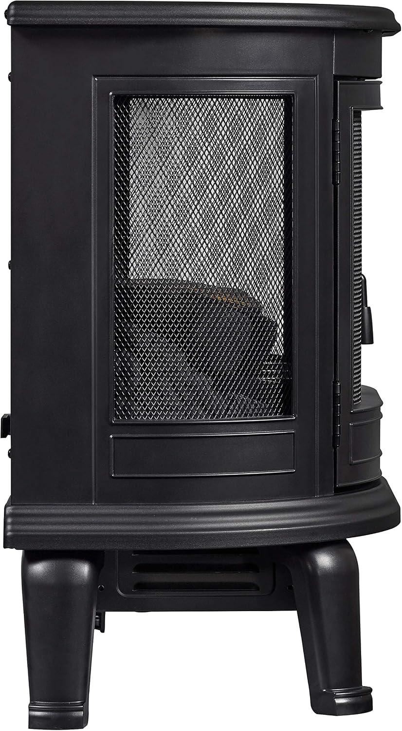 Close-up of the interior of the Duraflame electric fireplace heater showing the logs and 3D flame effect.