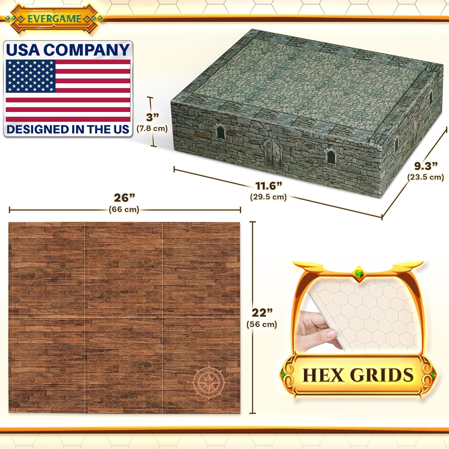 10 DND Game Mats and a lot More - Includes 6 Dungeons & Dragons Board Game Battle Maps (1" Hex Grid), Huge Size 22x26-4 3D Battle Arenas, 140+ Reusable Stickers, 4 Markers & Eraser, by EverGame