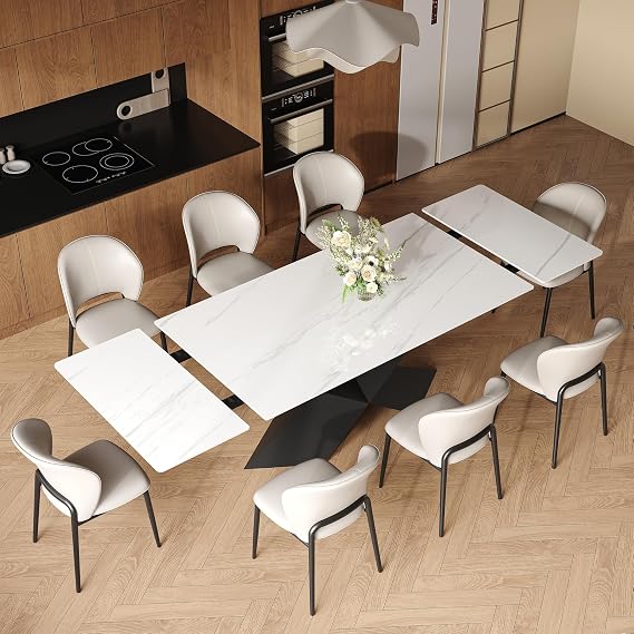 Extendable Dining Table for 6-12, Modern Extendable Dining Room Table, White Sintered Stone Dining Tabletop with Solid Carbon Steel Base, 63 to 95 Expandable Dining Table (Kitchen Table Only)