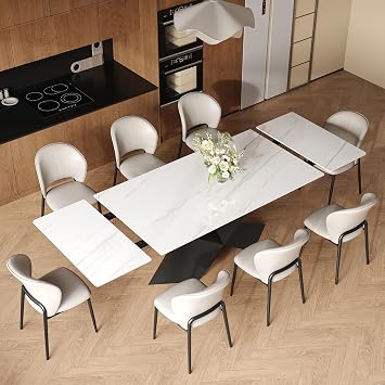 Extendable Dining Table for 6-12, Modern Extendable Dining Room Table, White Sintered Stone Dining Tabletop with Solid Carbon Steel Base, 63 to 95 Expandable Dining Table (Kitchen Table Only)