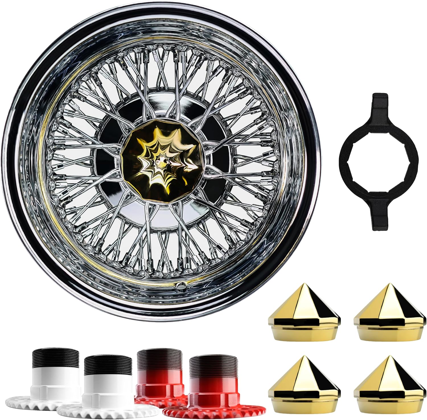 13x7 Reverse 72 Spoke Cross Lace Wire Wheels with 10-Sided Bullet Gold Knock Off Spinner Caps + Adapters 6x5.5, 6x135 | Chrome Deep Dish Lowrider Rims | Set of 4 + Bullet Wrench