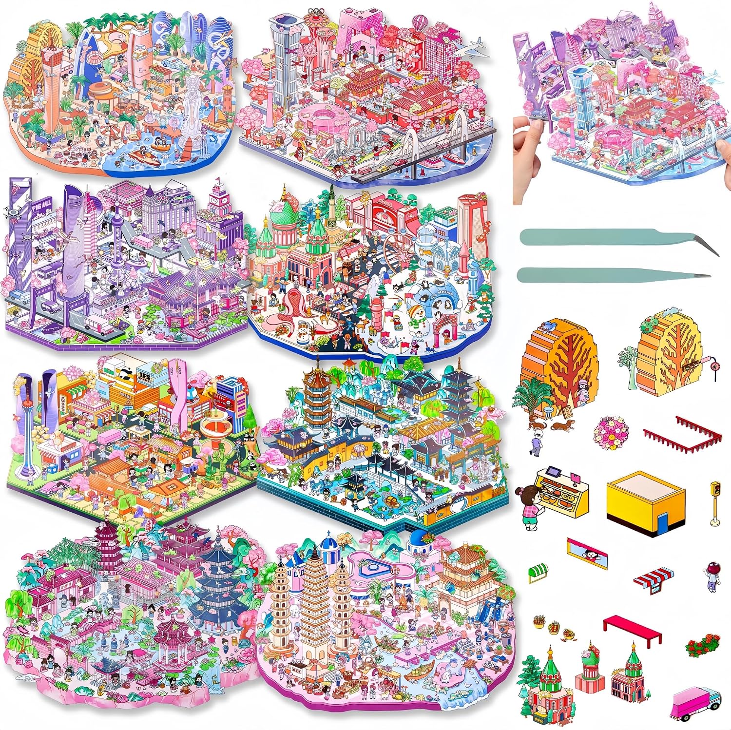 Big Size DIY 3D House Sticker Scene,8 Pcs Sticker Therapy Kits, Cute Cartoon Stickers,Isometric Miniature Room Sticker Book for Adults Relief Stress