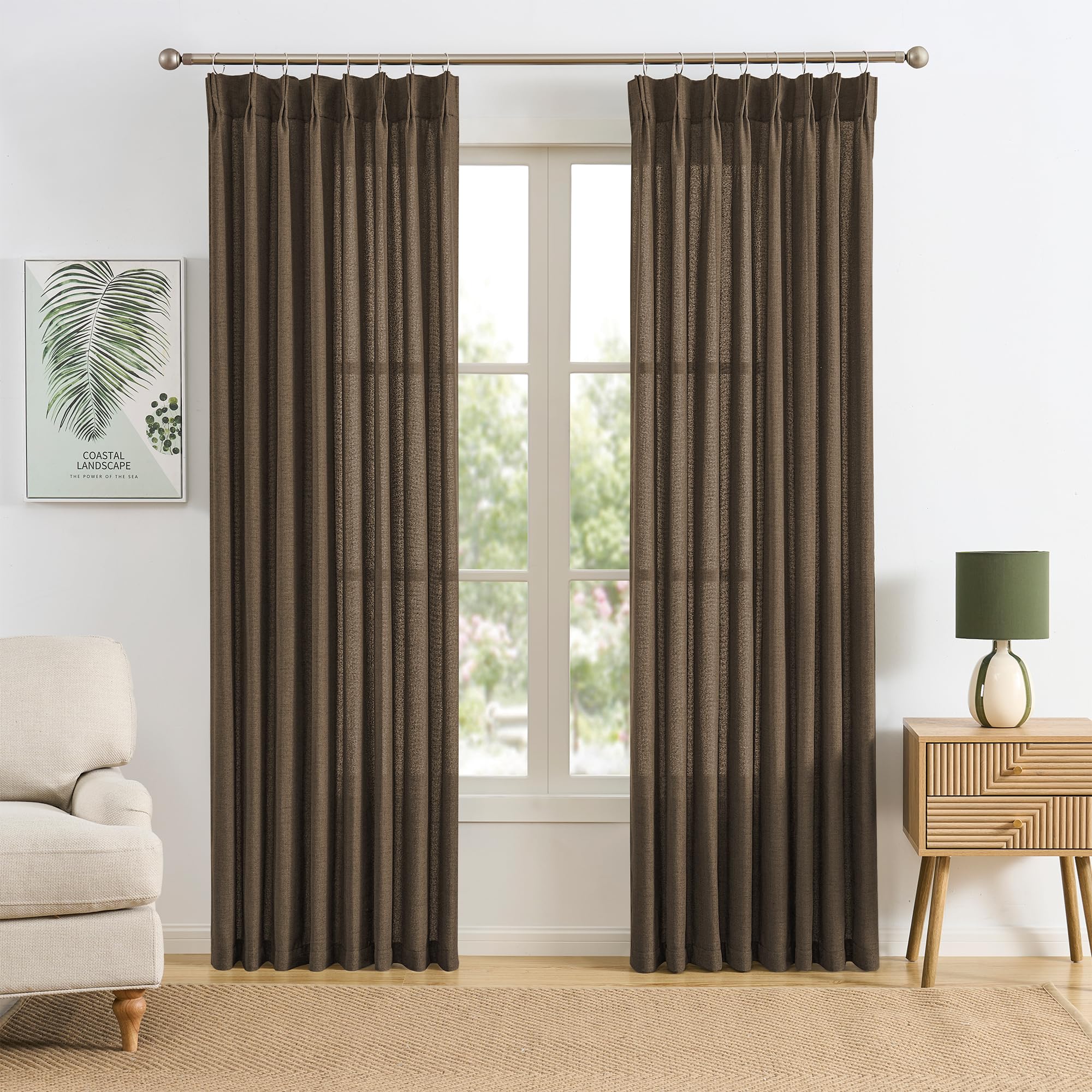 Brown Pleated Linen Curtains 108 Inches Long Farmhouse Semi Sheer Memory Trained Shape Pinch Pleat Drapes with Hooks Back Tab Ripple Fold Curtain for Bedroom Living Room 42x108 — image 1