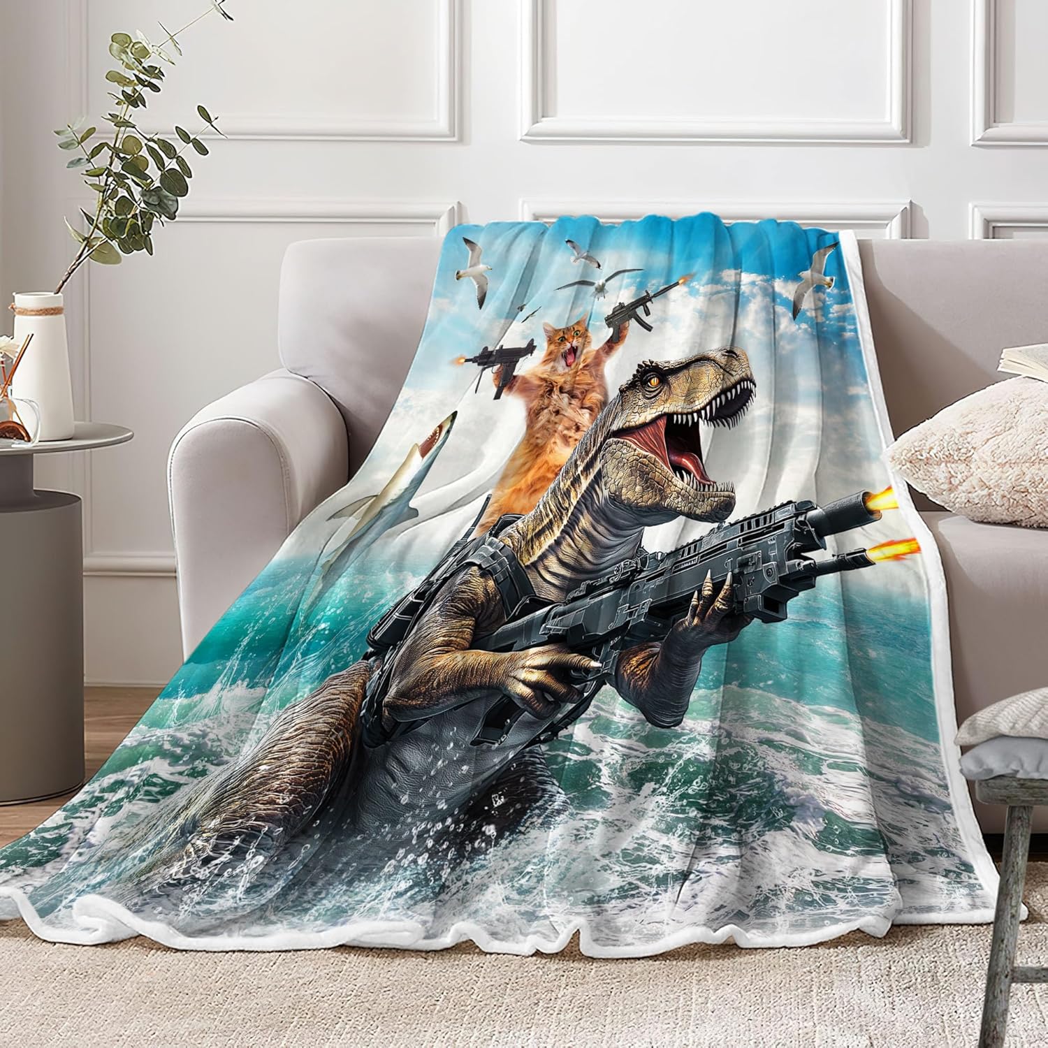 Funny Kids Fleece Throw Blanket for Couch, Sofa, Cool Cat Riding Cute Dinosaur Fighting on Ocean Hilarious Children Bed Travel Camping Blankets, Anime Throws Blankets for Cats Lovers