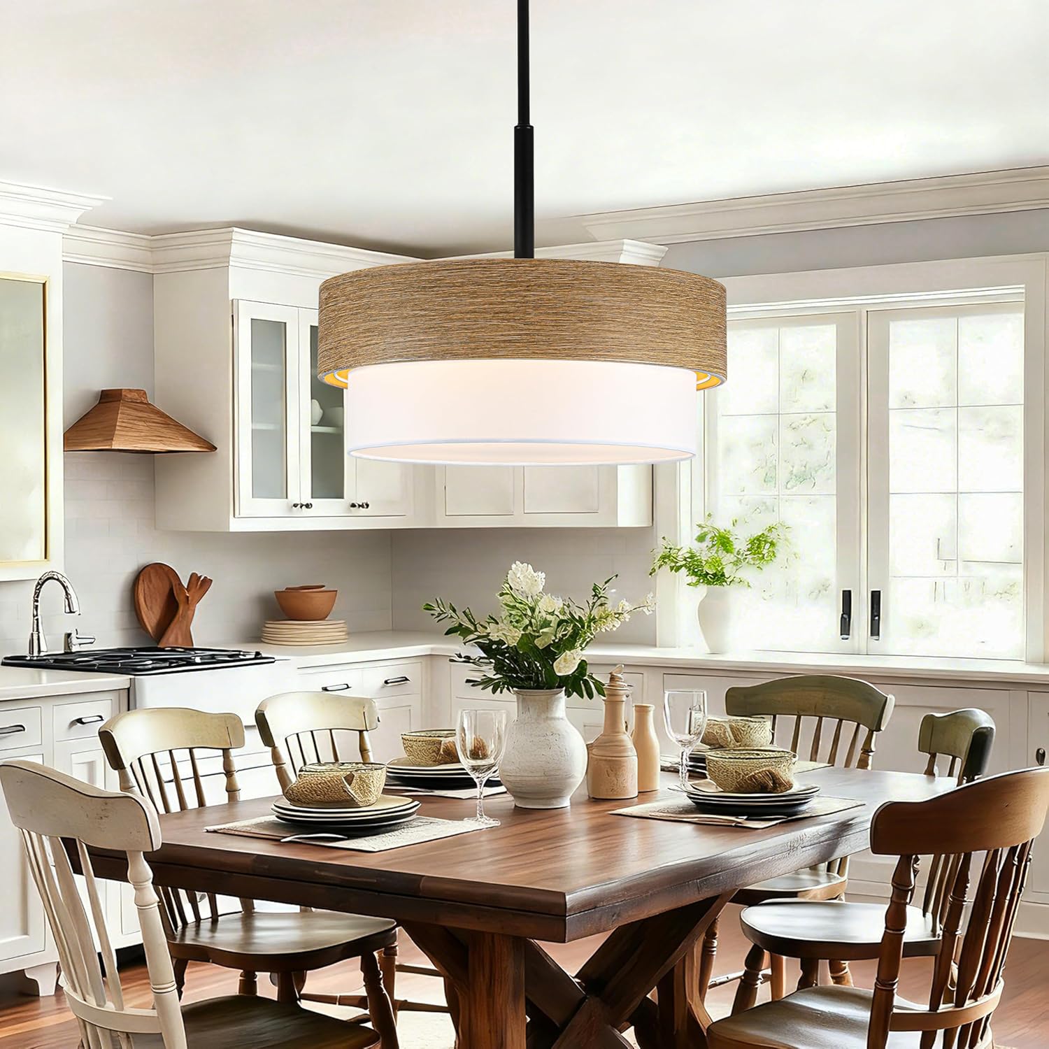 19.6" Rustic Drum Chandelier, 4-Light Wood Texture Pendant Lighting with White Fabric Shade, Farmhouse Chandeliers for Dining Room, Kitchen Island, Bedroom, Living Room, Office