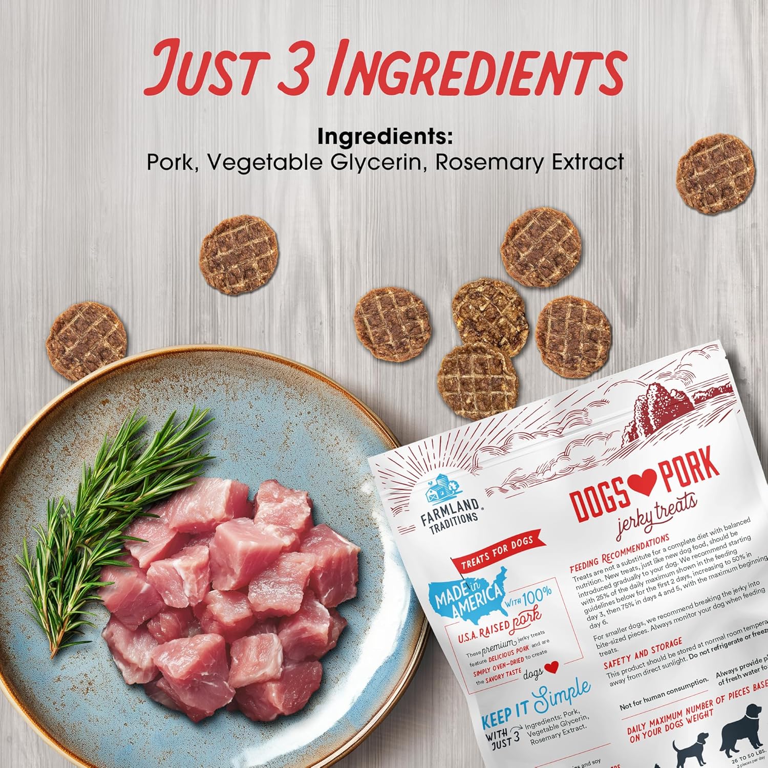 Farmland Traditions Pork Jerky Dog Treats (40 oz) & Tiny Loves Beef Jerky Trainer Treats with Bone Broth (32 oz) Bundle, High-Protein & Grain-Free