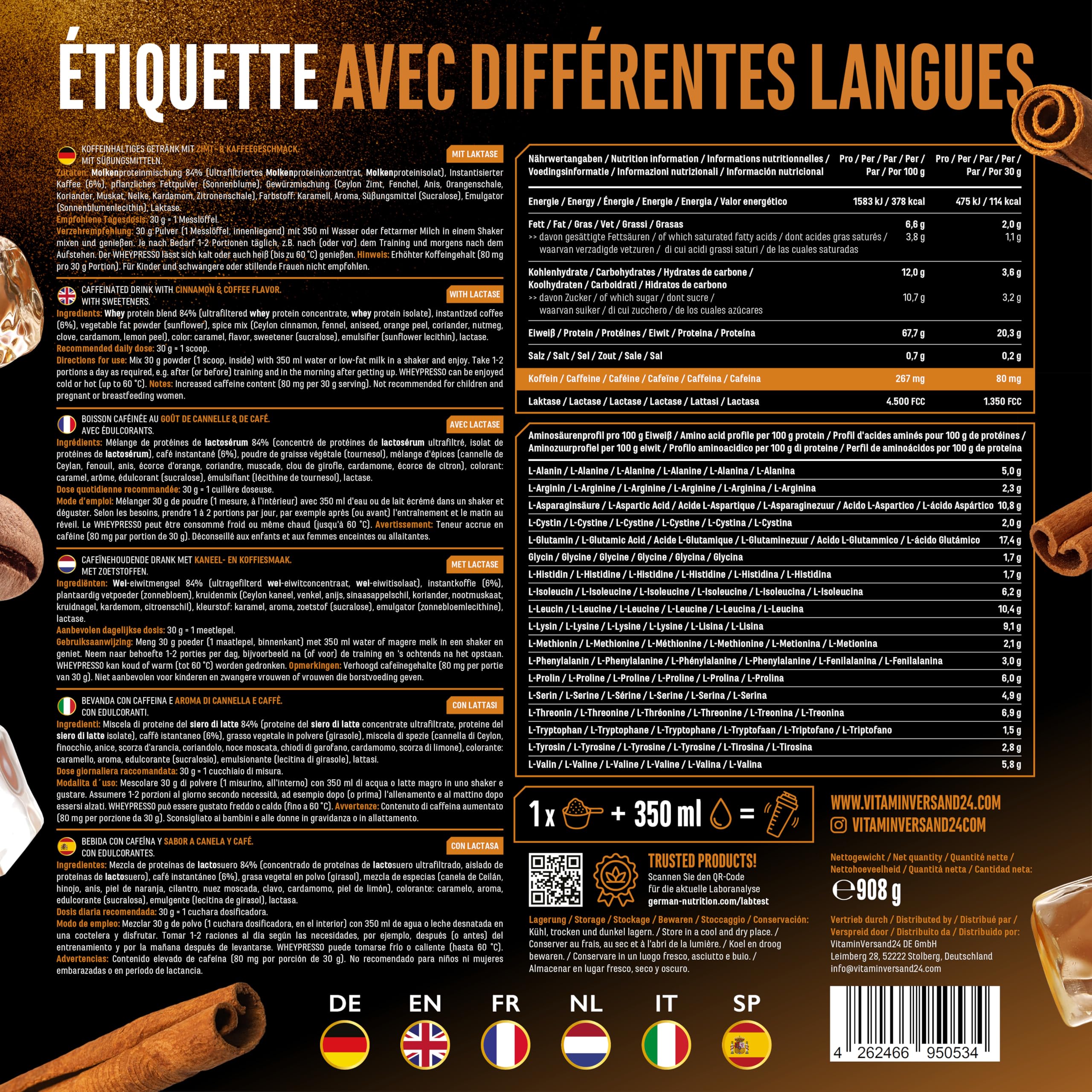 Wheypresso Protein Coffee - Poudre de protéine avec concentré de whey & isolat - Avec du vrai café & de la caféine - Boisson crémeuse à haute protéine - (908 g, Café Latte à la Cannelle)