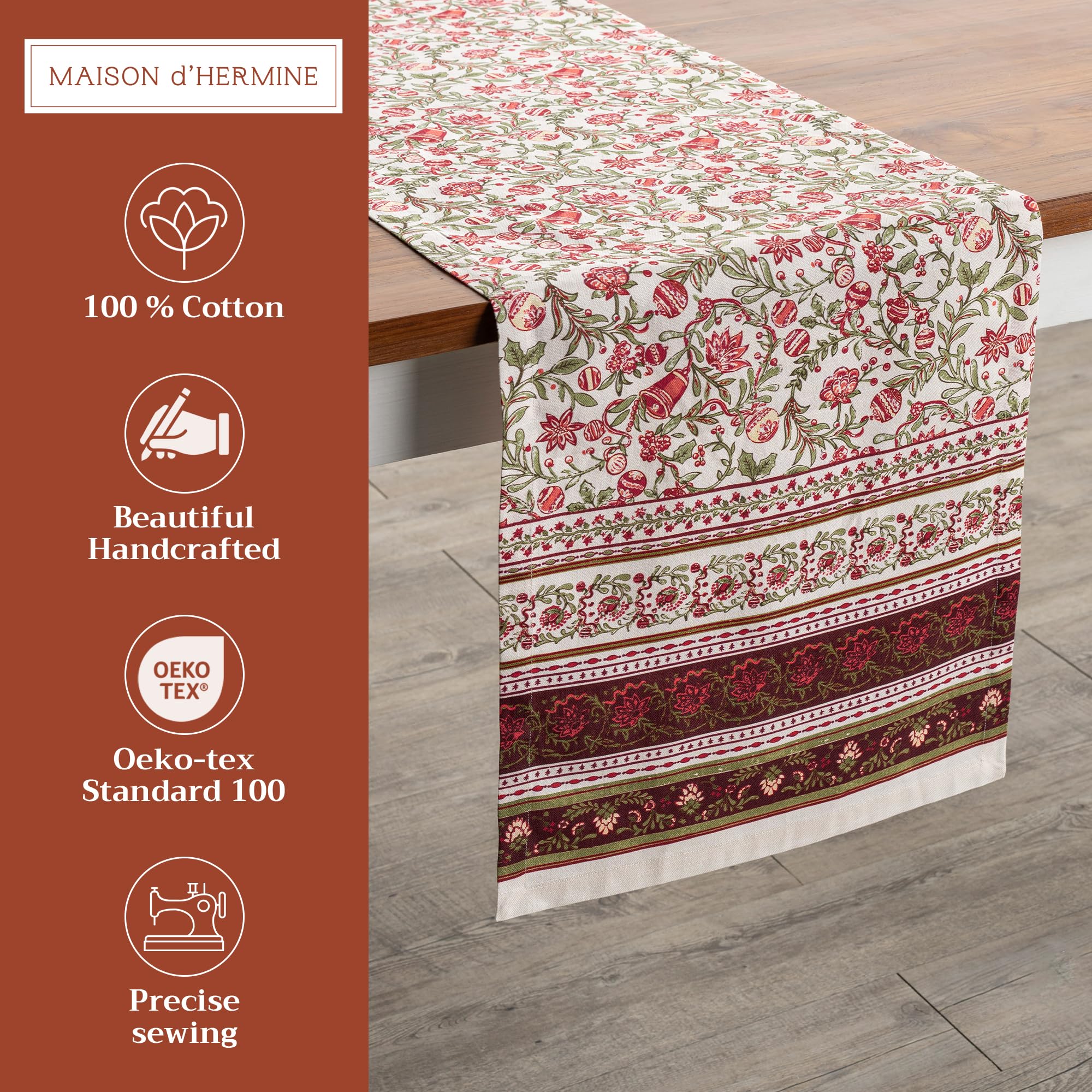 Maison d' Hermine Table runner 100% Cotton Single Layer Table Runners 230 CM long for Christmas Decorations Home Kitchen Dining Party Wedding Bridal Shower (Reveillon AU Jardin - Image 3