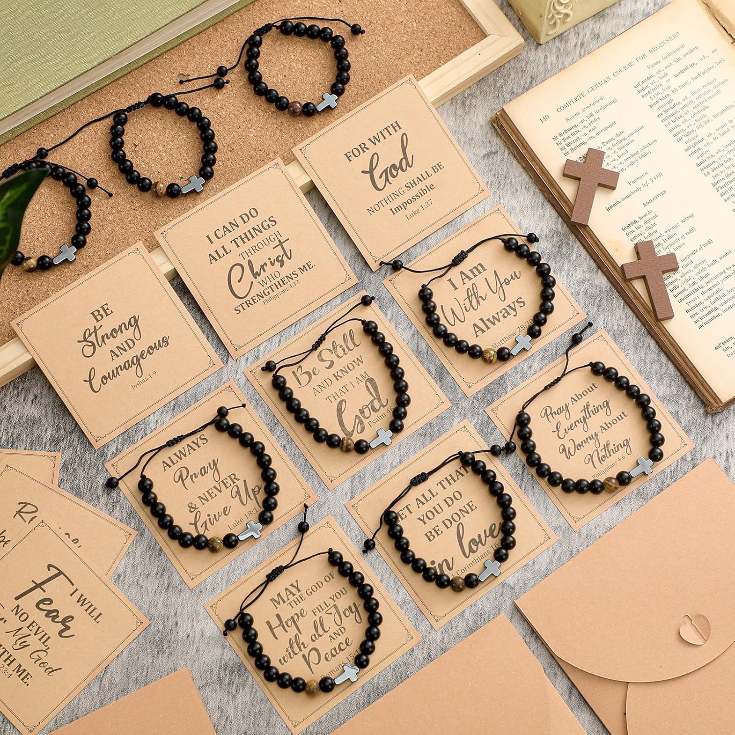 Cunno 12 Set Christian Cross Bracelets Bulk Religious Cross Beaded Bracelet for Women Men 12 Natural Beaded Stuffs Inspirational Cards Envelope Christian Jewelry Faith Gift(Chic Style,Black)