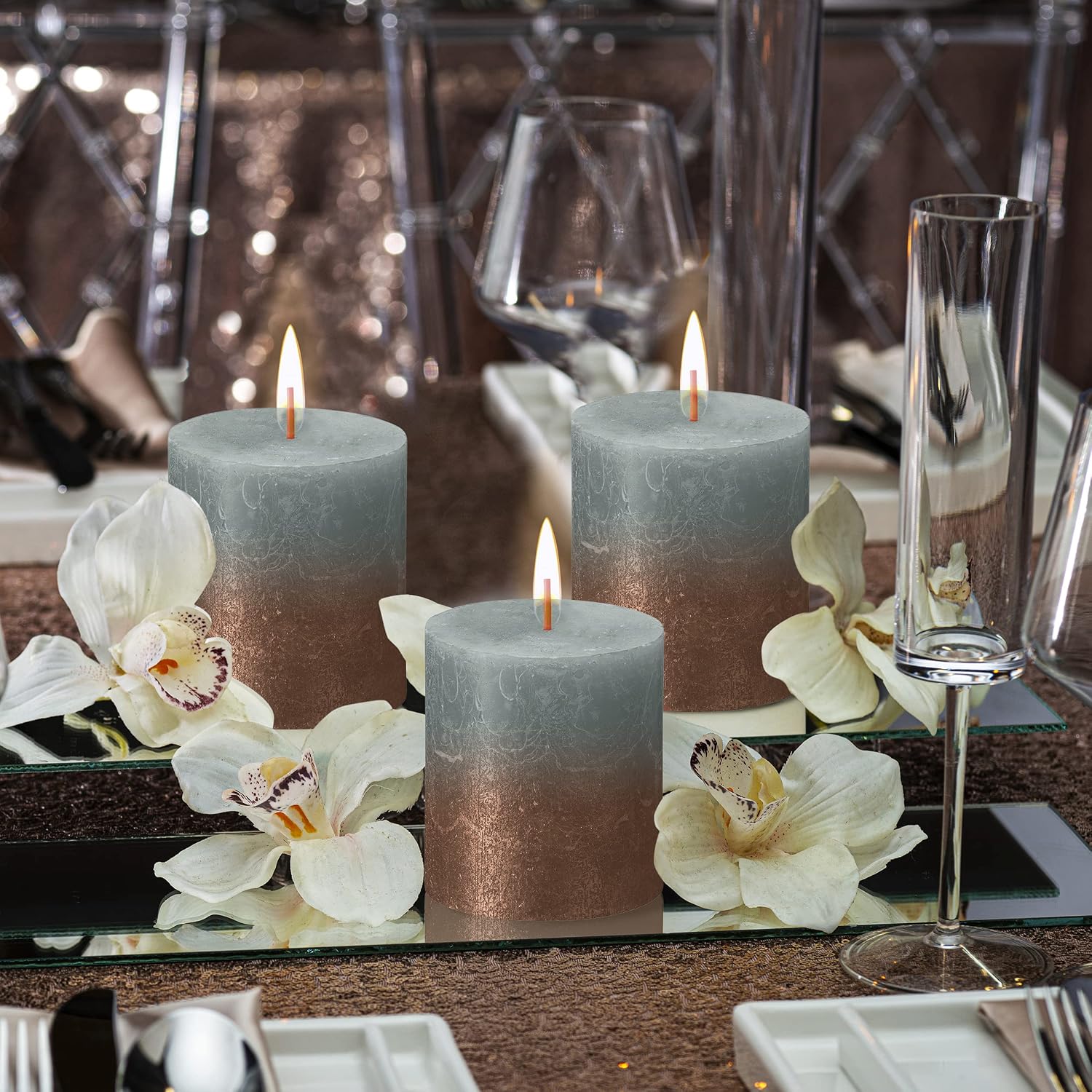 BOLSIUS 4 Pack Eucalyptus Green/Copper Sunset Rustic Metallic Pillar Candles - 2.75 X 5 Inches - Natural Eco-Friendly Plant-Based Wax - Unscented Dripless Smokeless 60 Hour Quality European Candles