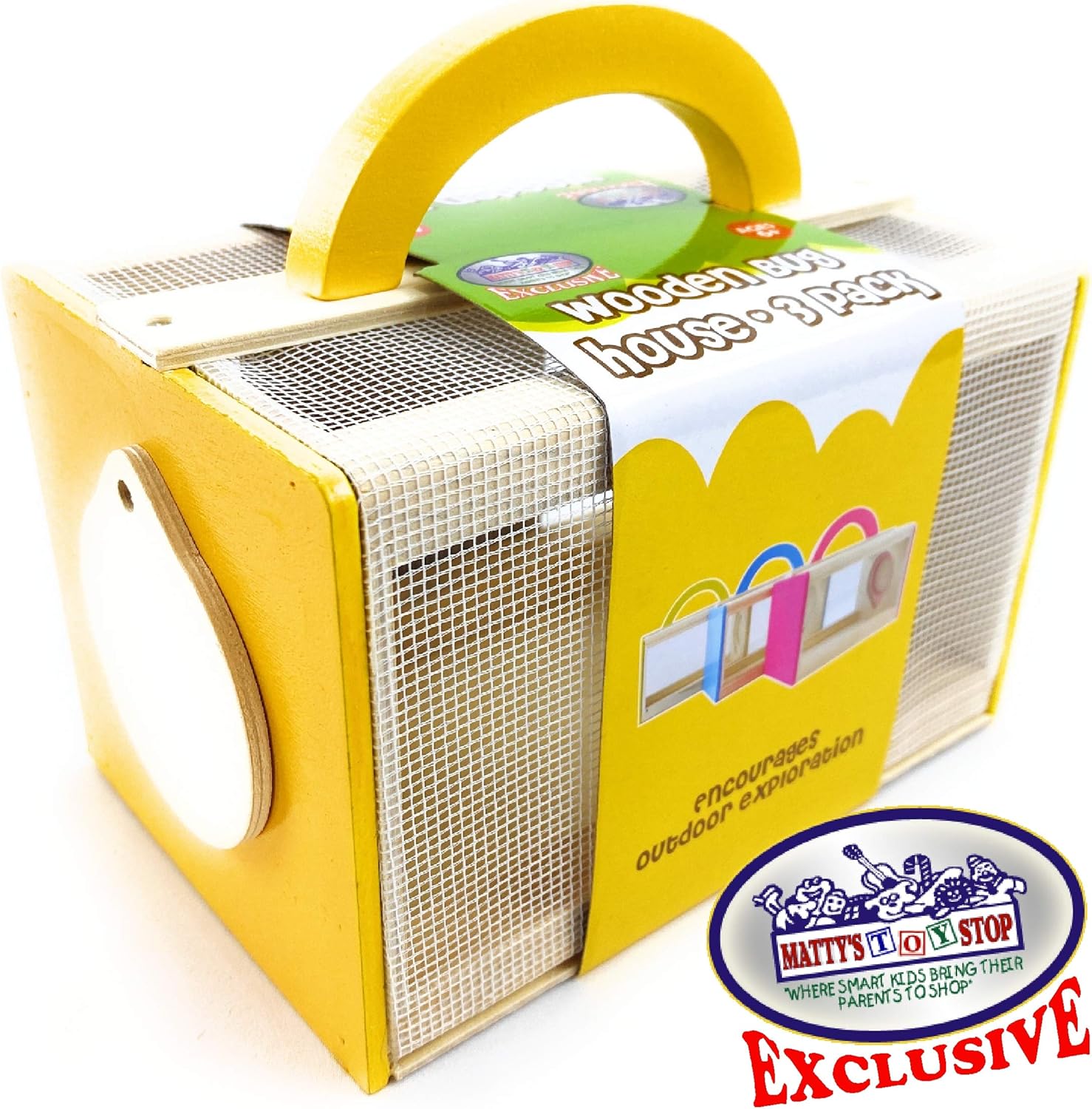 Matty's Toy Stop Wooden Bug House Insect Critter Cages with Handles in Blue, Red & Yellow (3 Pack)