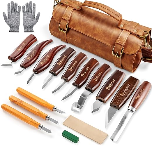 Wood Carving Kit - 17PCS Wood Carving Tools, Wood Whittling Knife Kit Wood Carving Knife with Large Leather Case for Beginner and Carpenter Experts