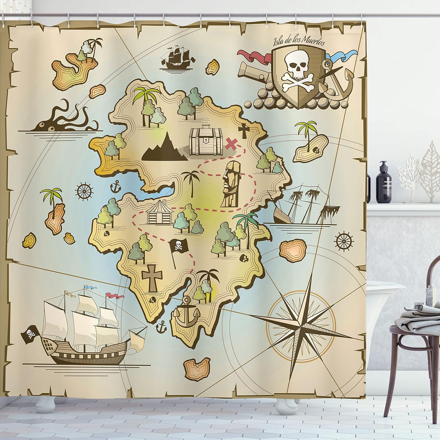 Ambesonne Island Map Shower Curtain, Cartoon Treasure Adventure Pirate Ship Chest Kraken Octopus Nautical Design Illustration, Cloth Fabric Bathroom Decor Set with Hooks, 69" W x 84" L, Pale Beige