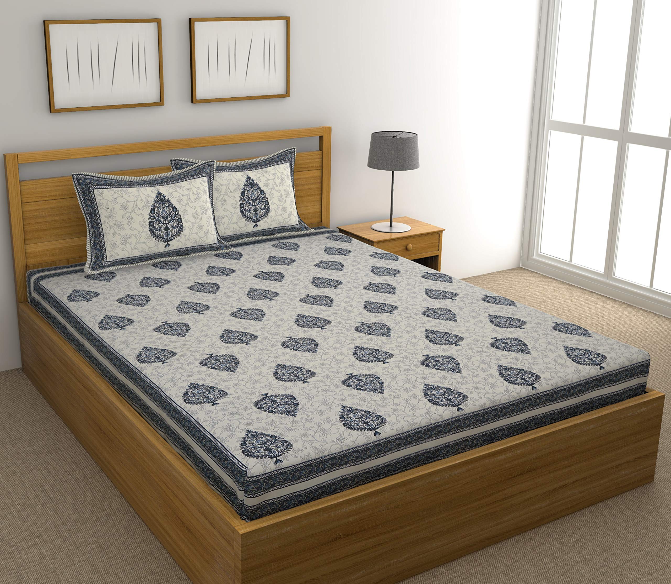 BLOCKS OF INDIABLOCKS OF INDIA Hand Block Printed 200 TC Cotton King Size Bedsheet (Turquoise JAAL)